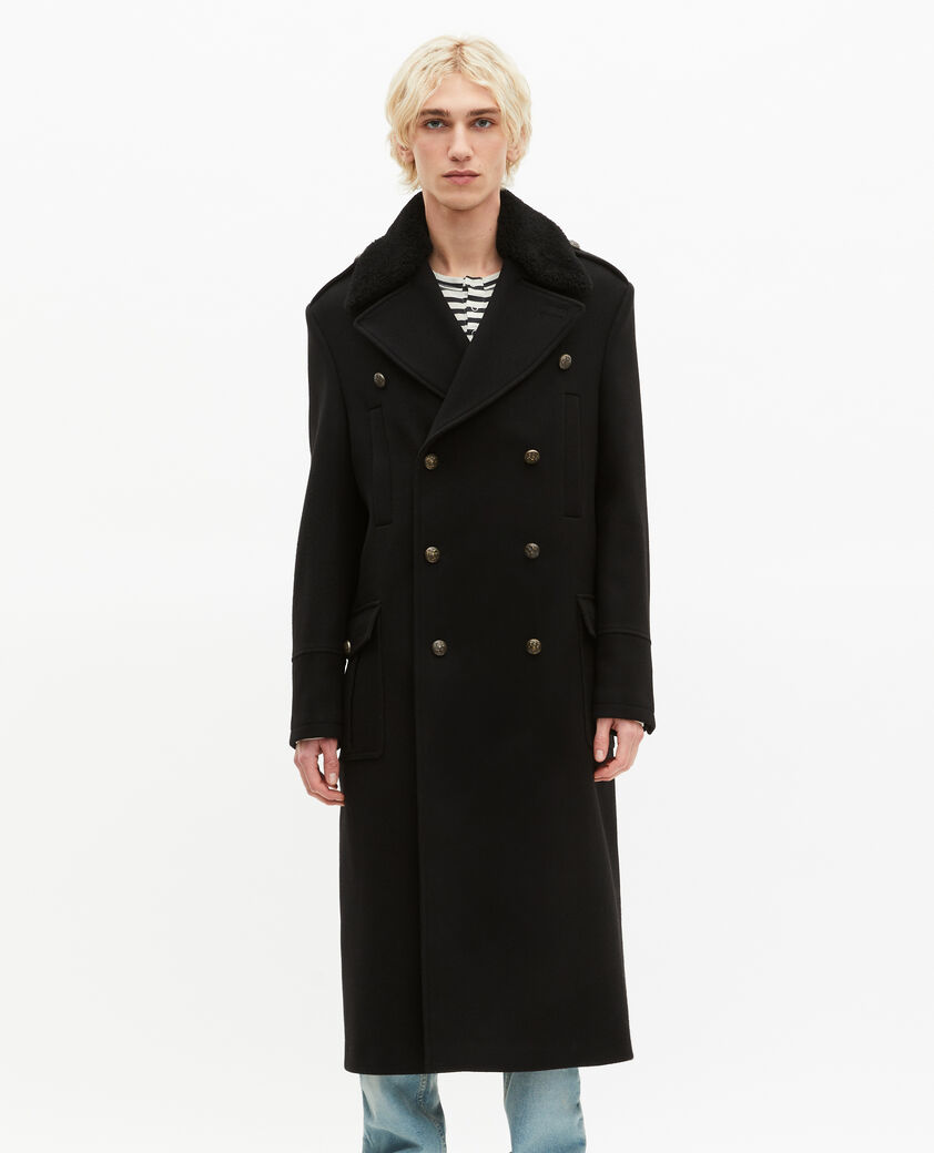 The Kooples MEN BLACK long black wool coat with sherpa collar