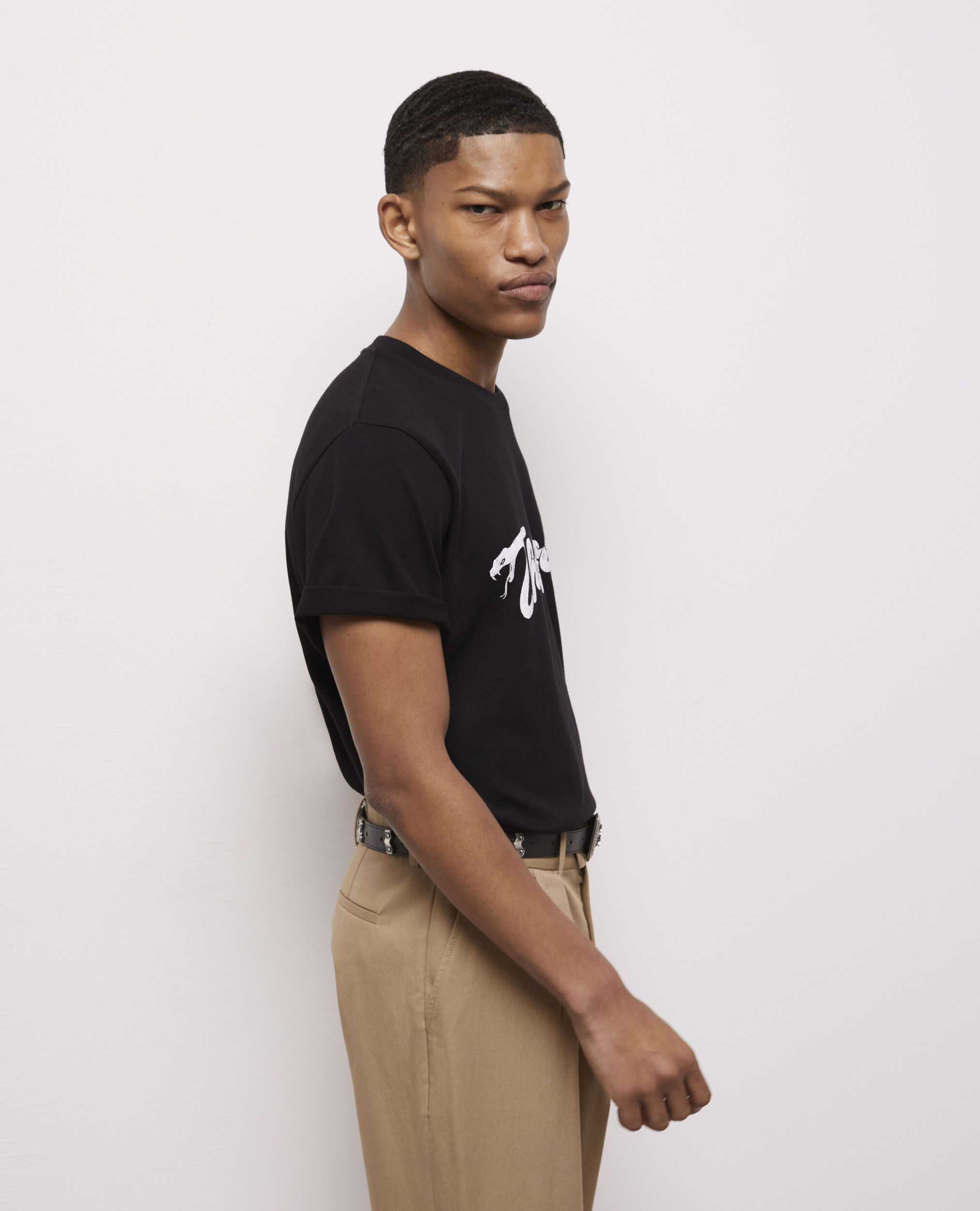 Schwarzes T-Shirt Herren mit Schlangenlogo-Siebdruck, BLACK WASHED, hi-res image number null