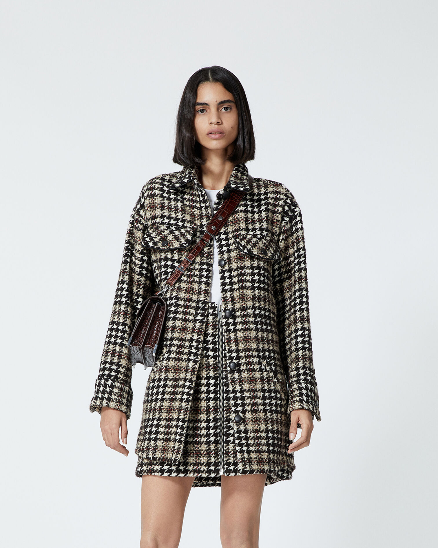 Oversized tweed houndstooth shirt jacket with leather detail, BLACK-ECRU, hi-res image number null