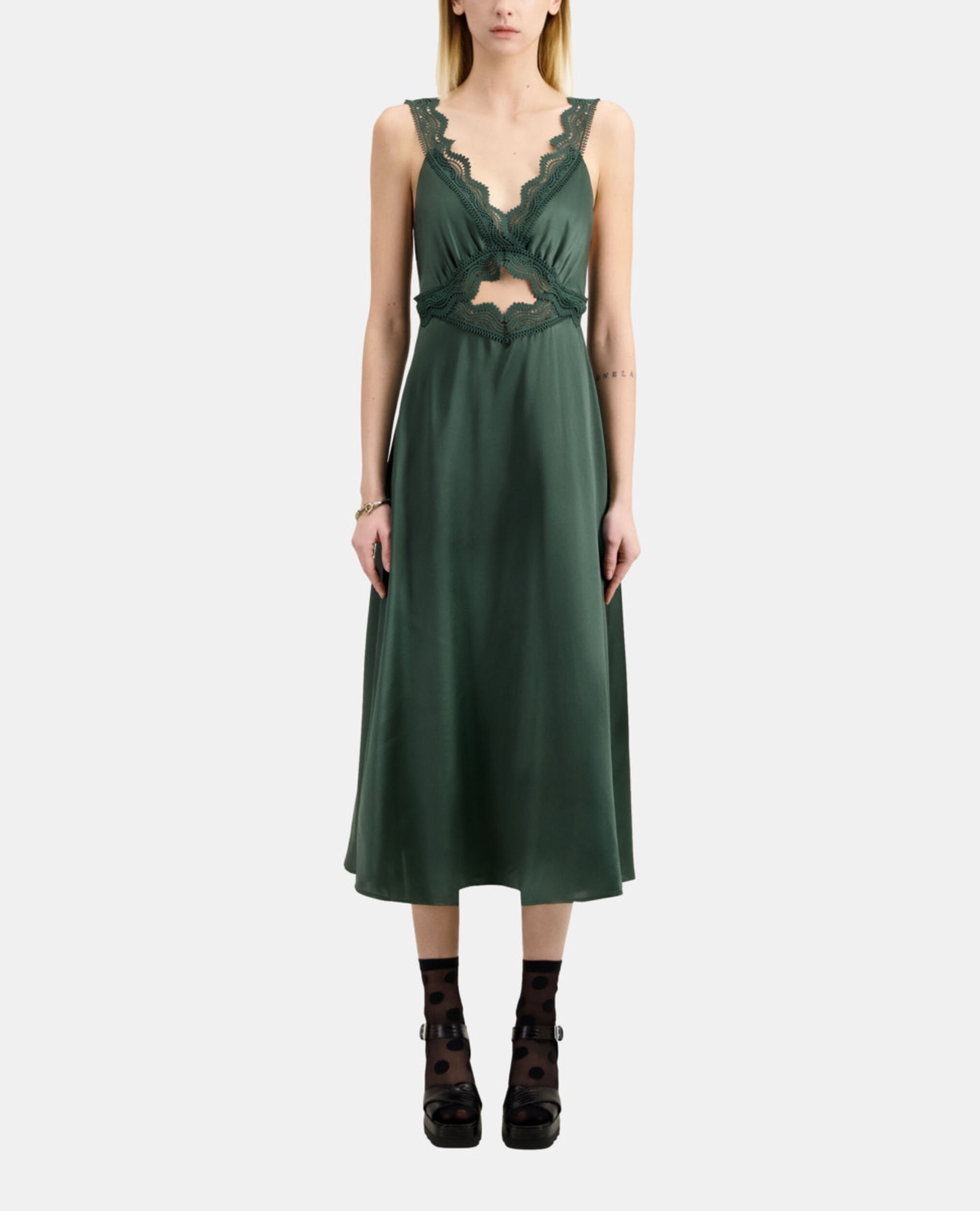 Long green slip dress with guipure, WOOD KAKI, hi-res image number null