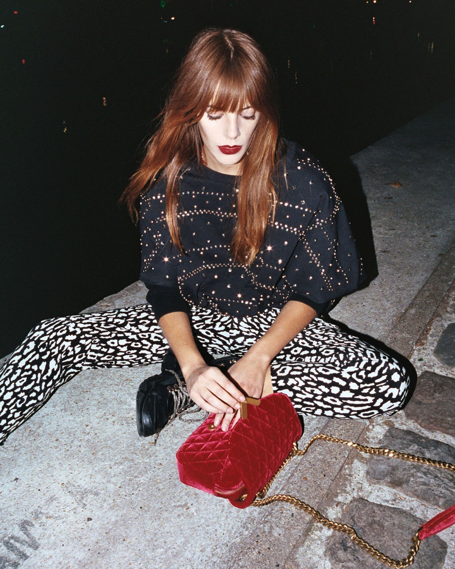Floaty silk blend trousers with white leopard print, BLACK / WHITE, hi-res image number null