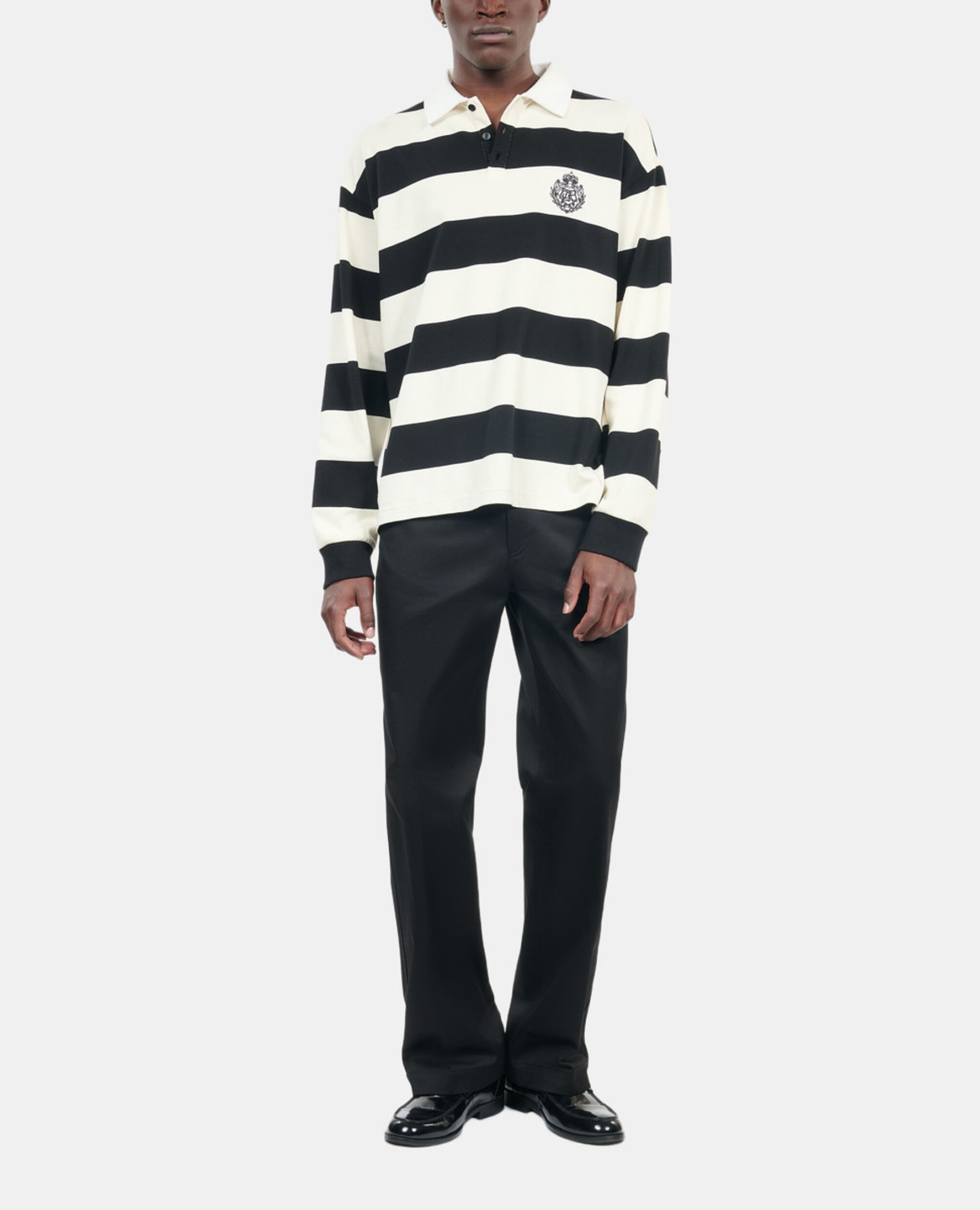 Long-sleeved black and white striped polo t-shirt, BLACK / WHITE, hi-res image number null
