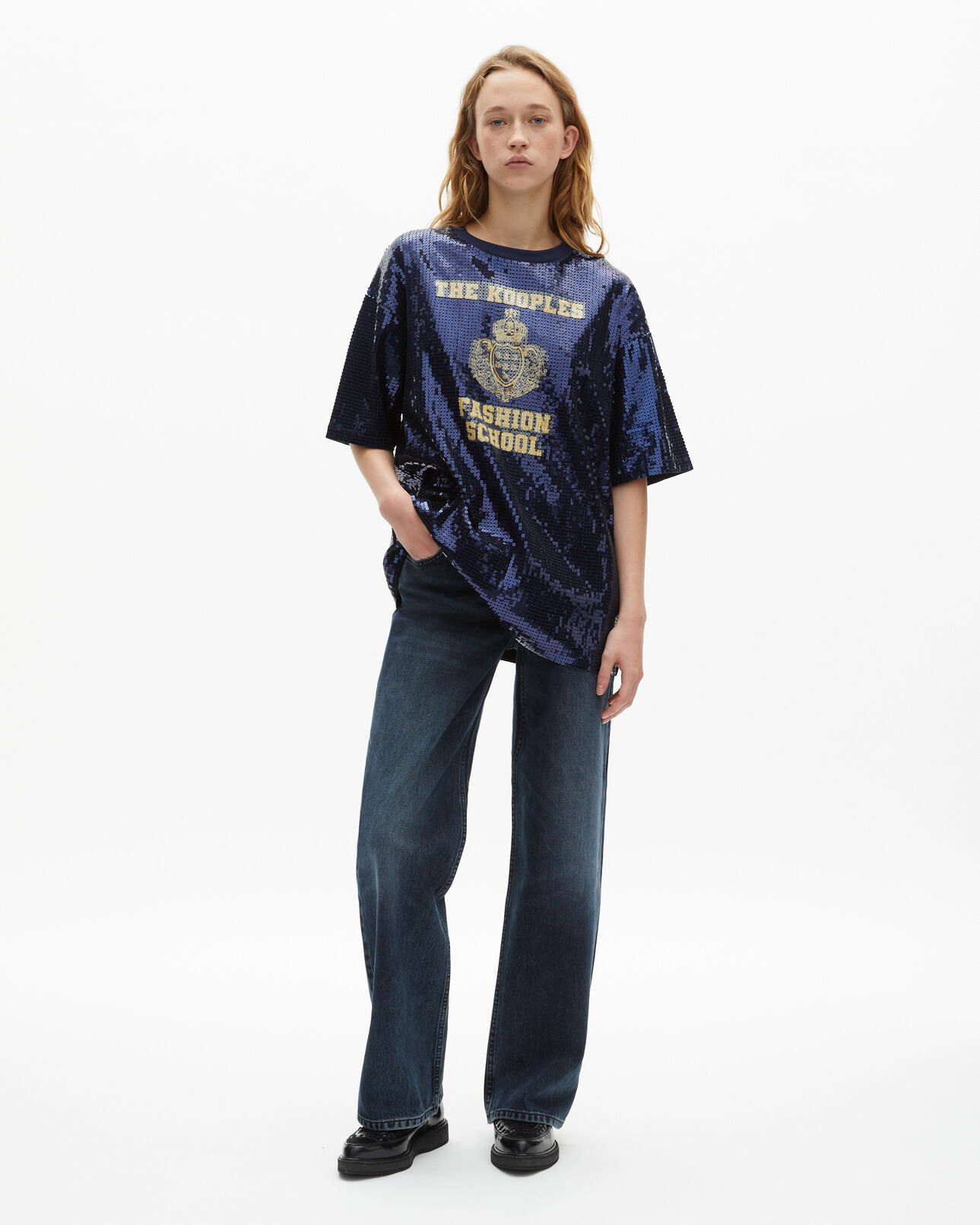 The Kooples WOMEN DARK NAVY blue sequin and screen printed t-shirt