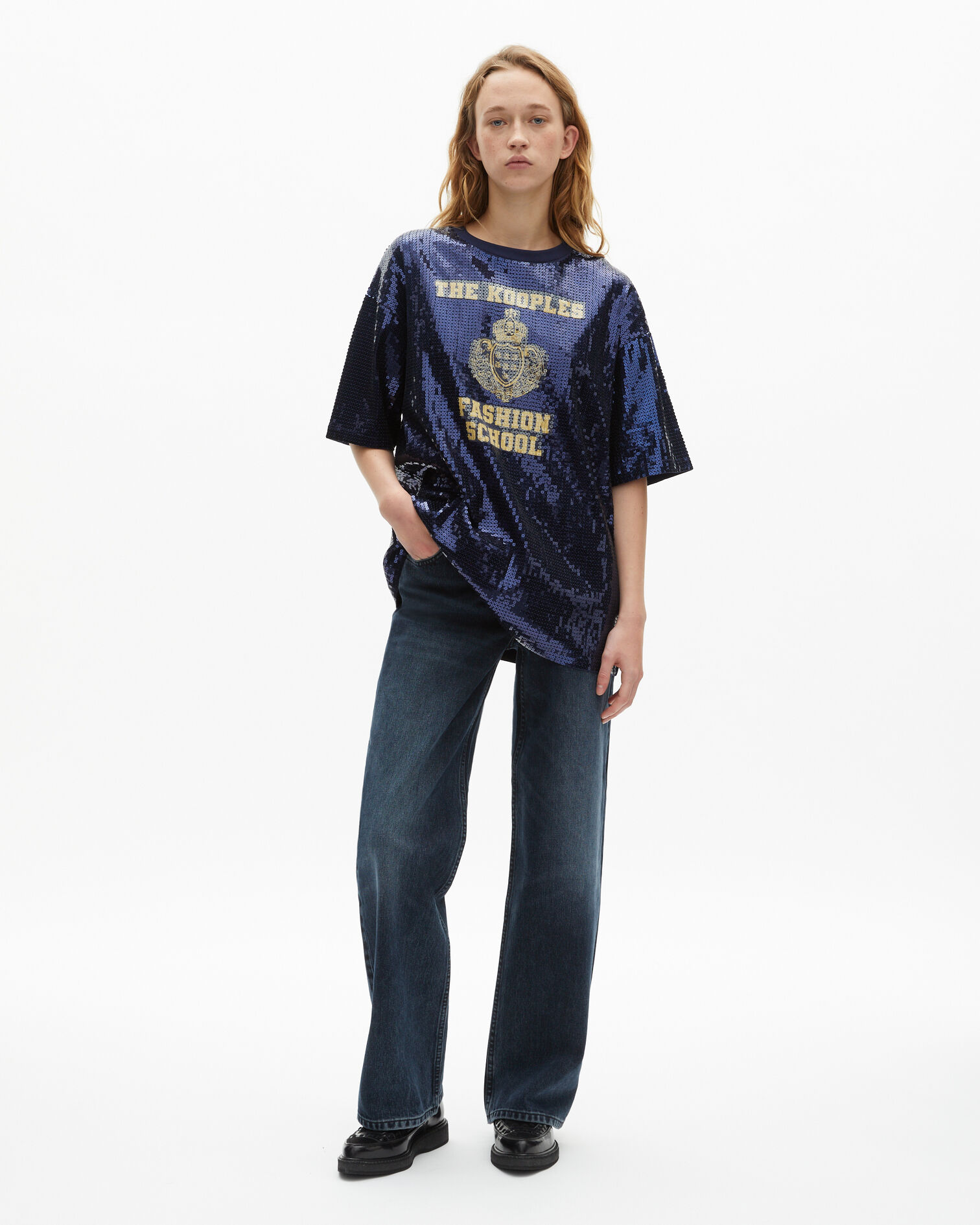 Blue sequin and screen printed T-shirt, DARK NAVY, hi-res image number null
