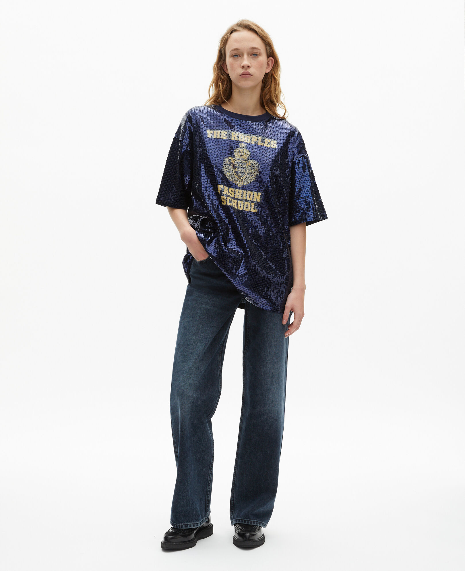 The Kooples WOMEN DARK NAVY blue sequin and screen printed t-shirt
