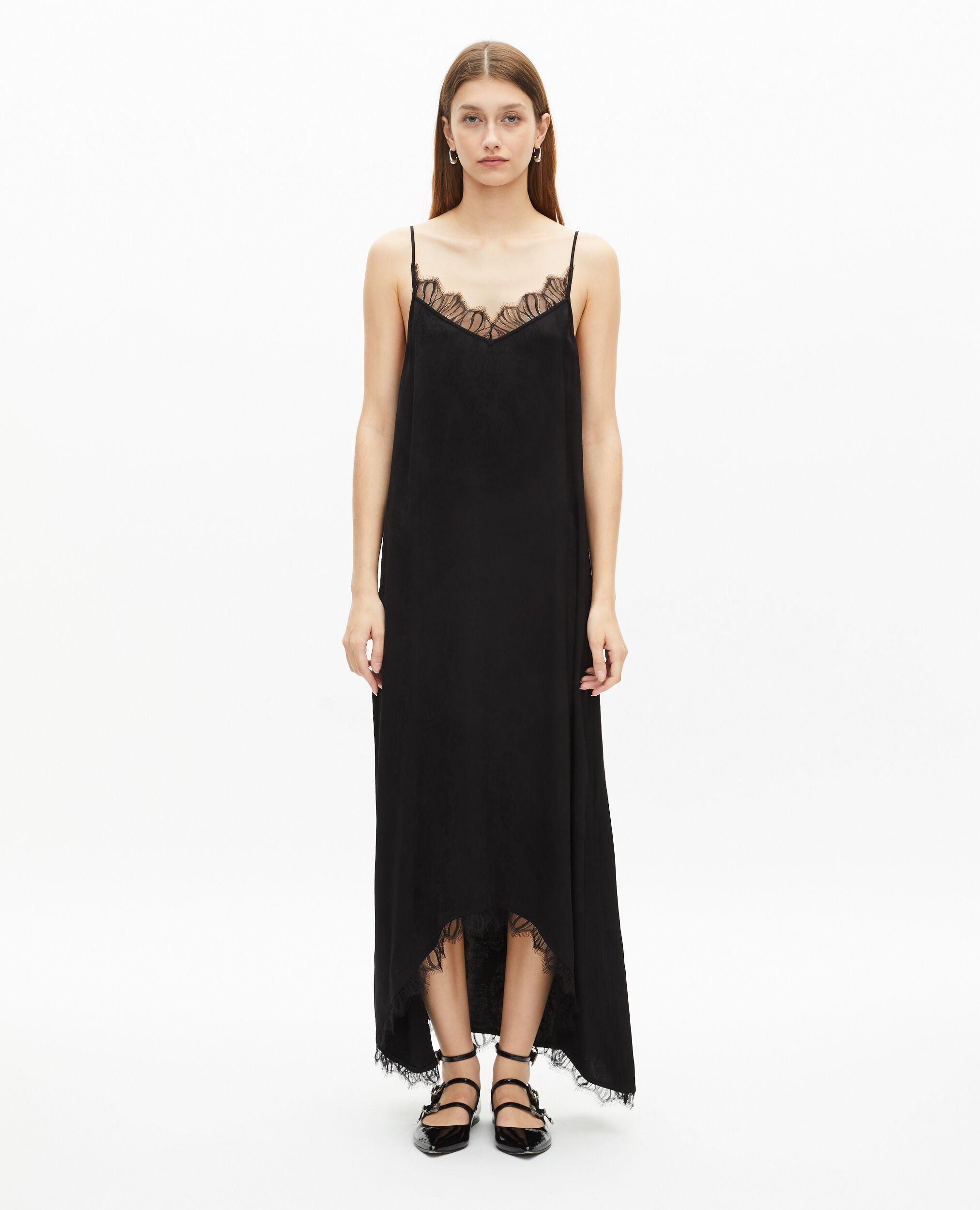 Long black floral jacquard slip dress, BLACK, hi-res image number null