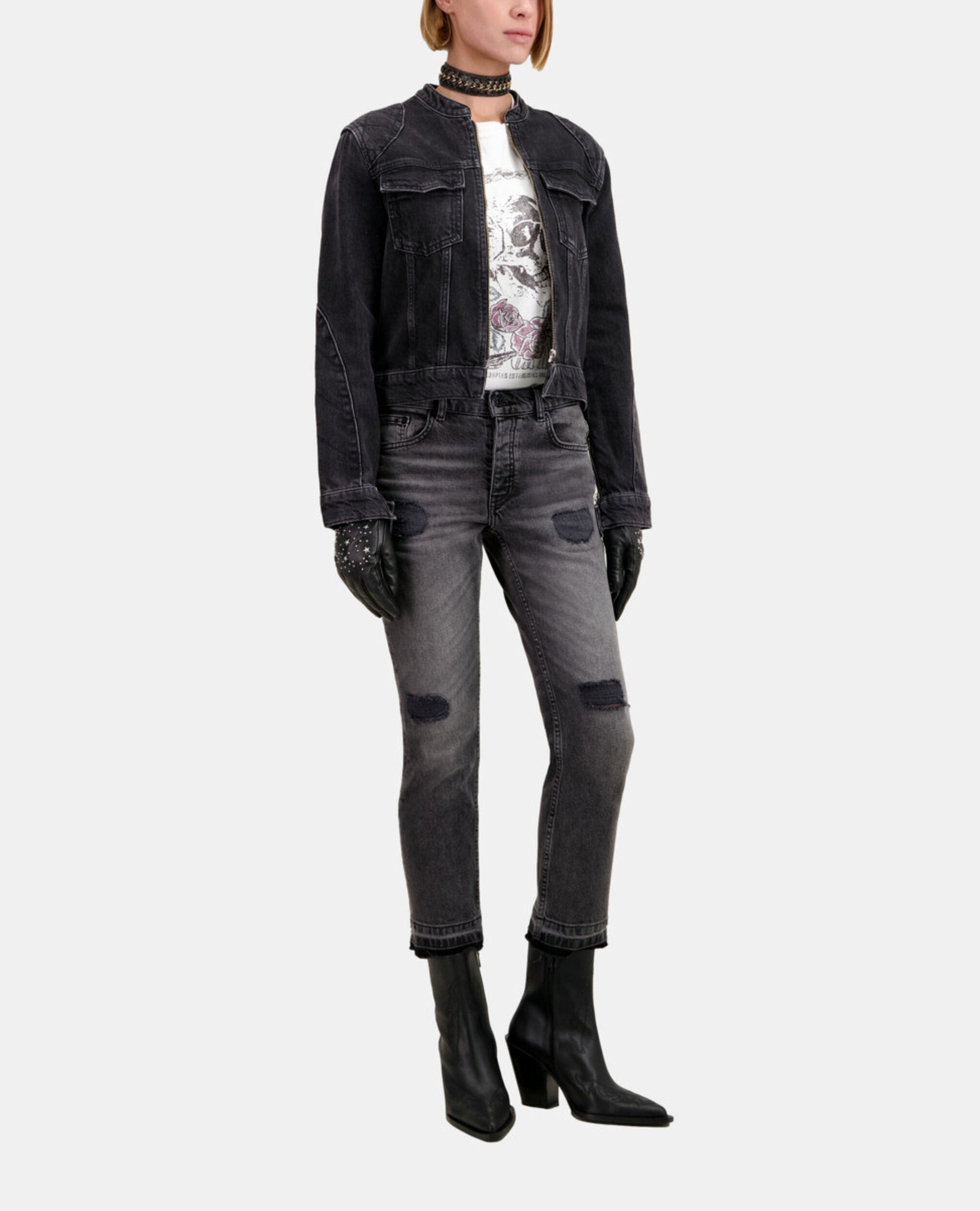 Schwarze Bikerjacke aus Denim, BLACK WASHED, hi-res image number null
