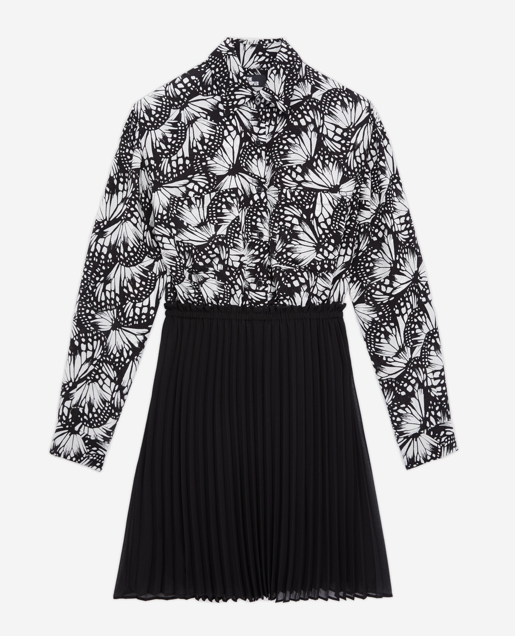 Kurzes Kleid mit Plissierung und Print, BLACK WHITE, hi-res image number null