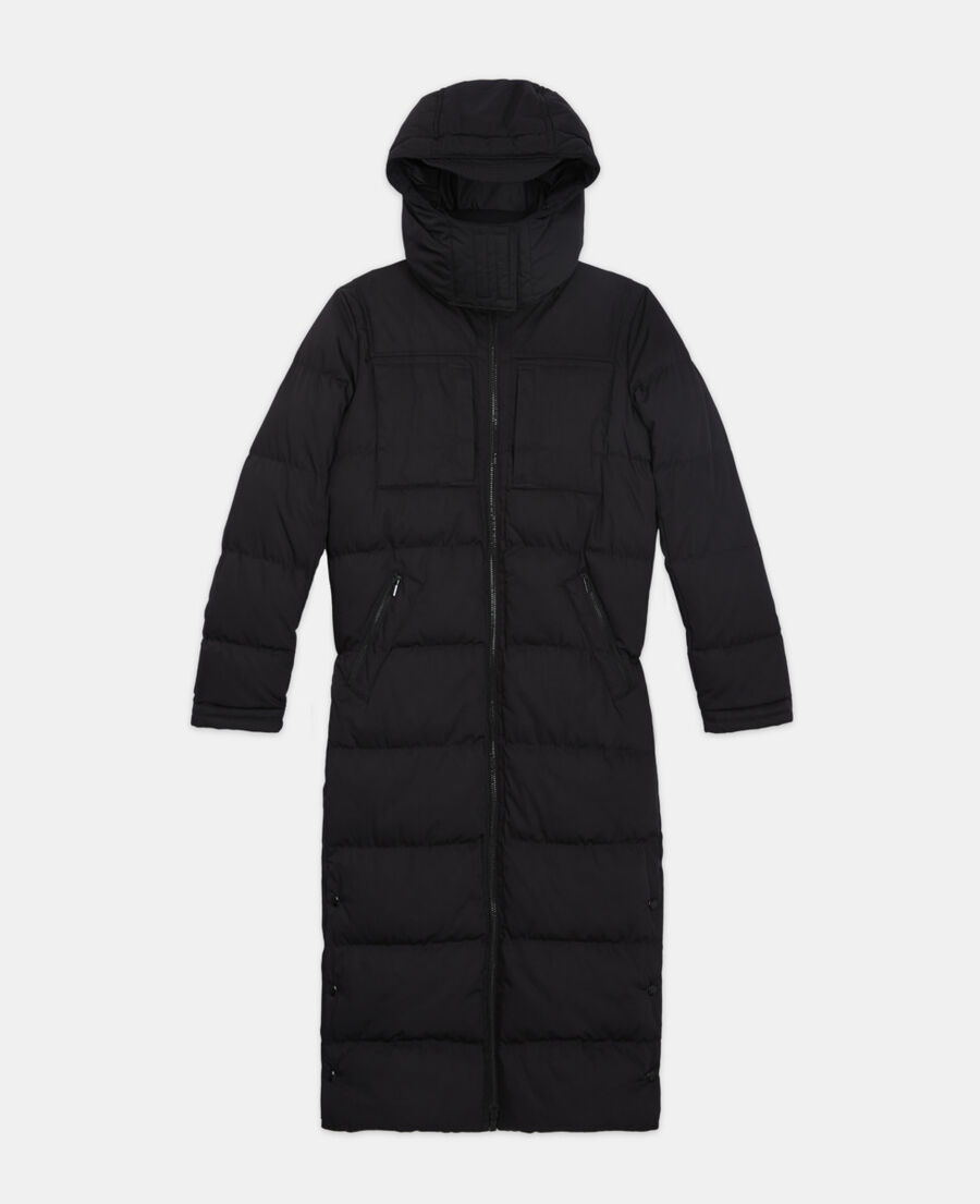 long black down jacket with straps and logo