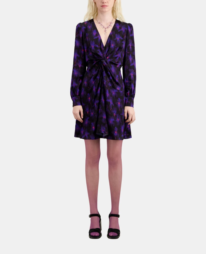 The Kooples FEMME BLACK /LIGHT PINK / BLUE robe courte fleurie avec drapé