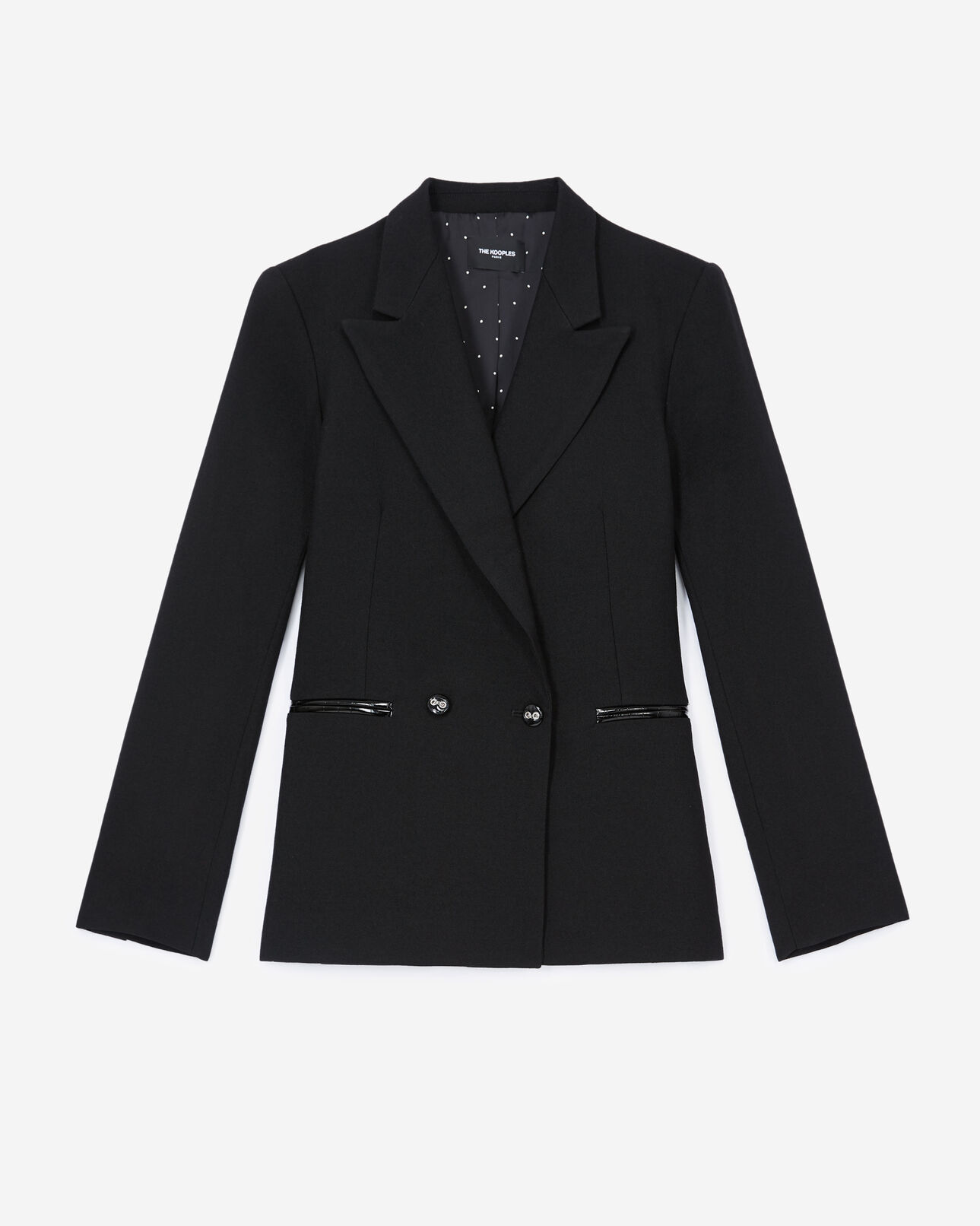 The Kooples FEMME BLACK veste laine noire détail cuir façon croco