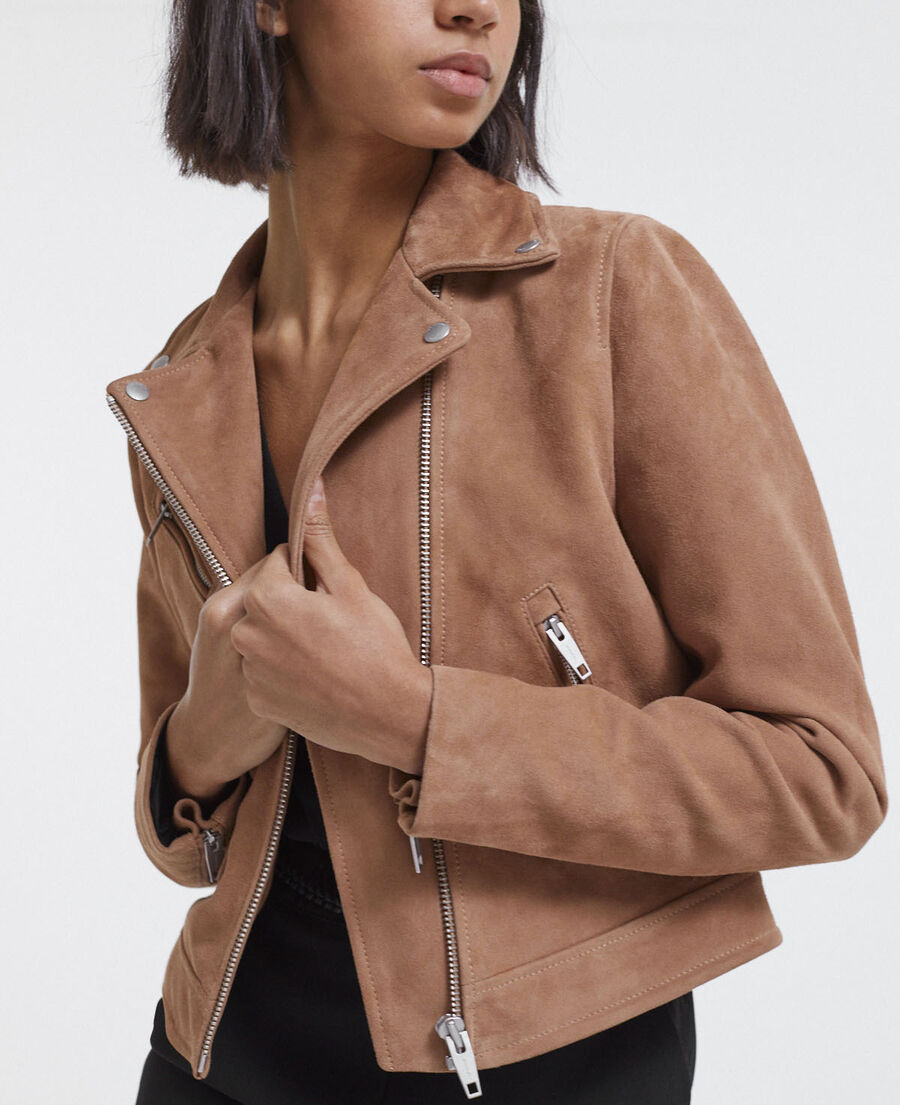 suede leather zipped camel biker jacket