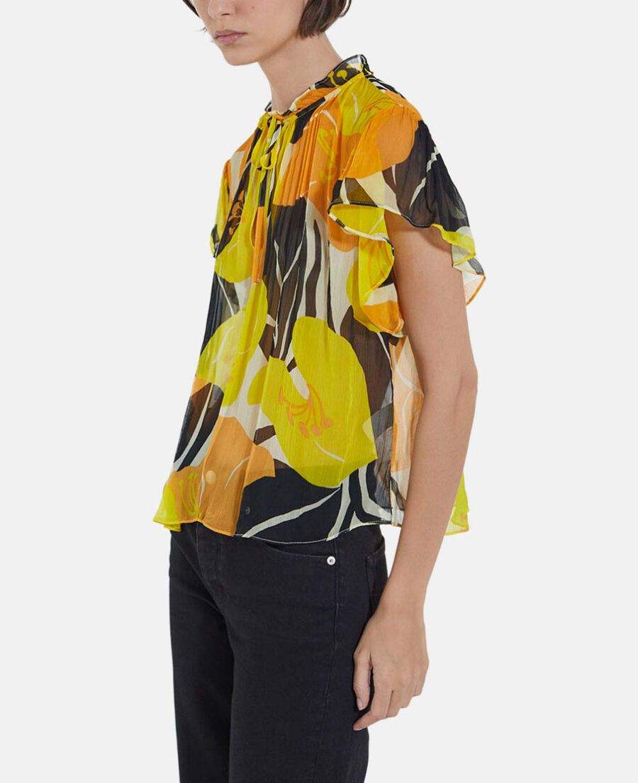 flowing yellow printed top with frills