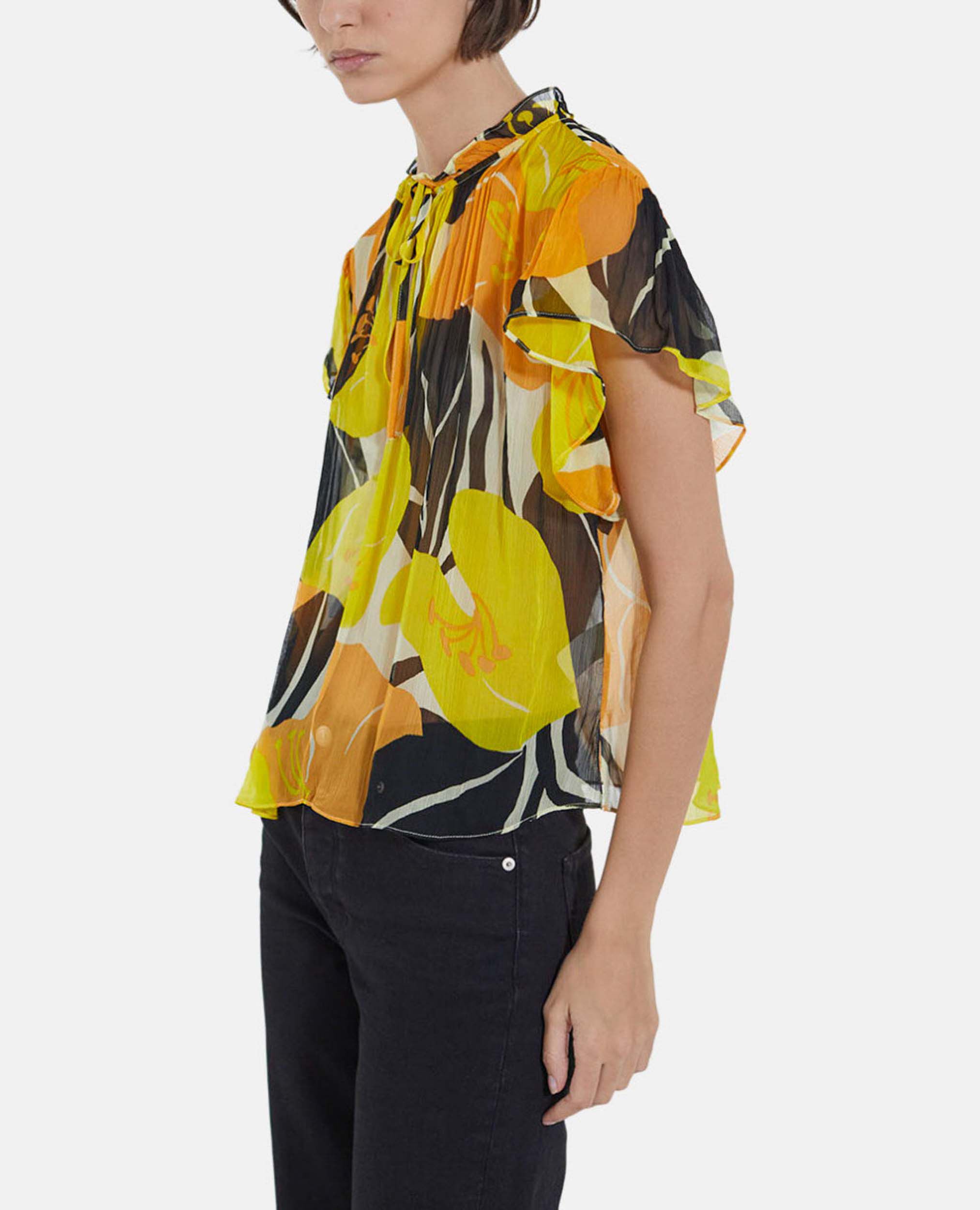 Flowing yellow printed top with frills, YELLOW, hi-res image number null