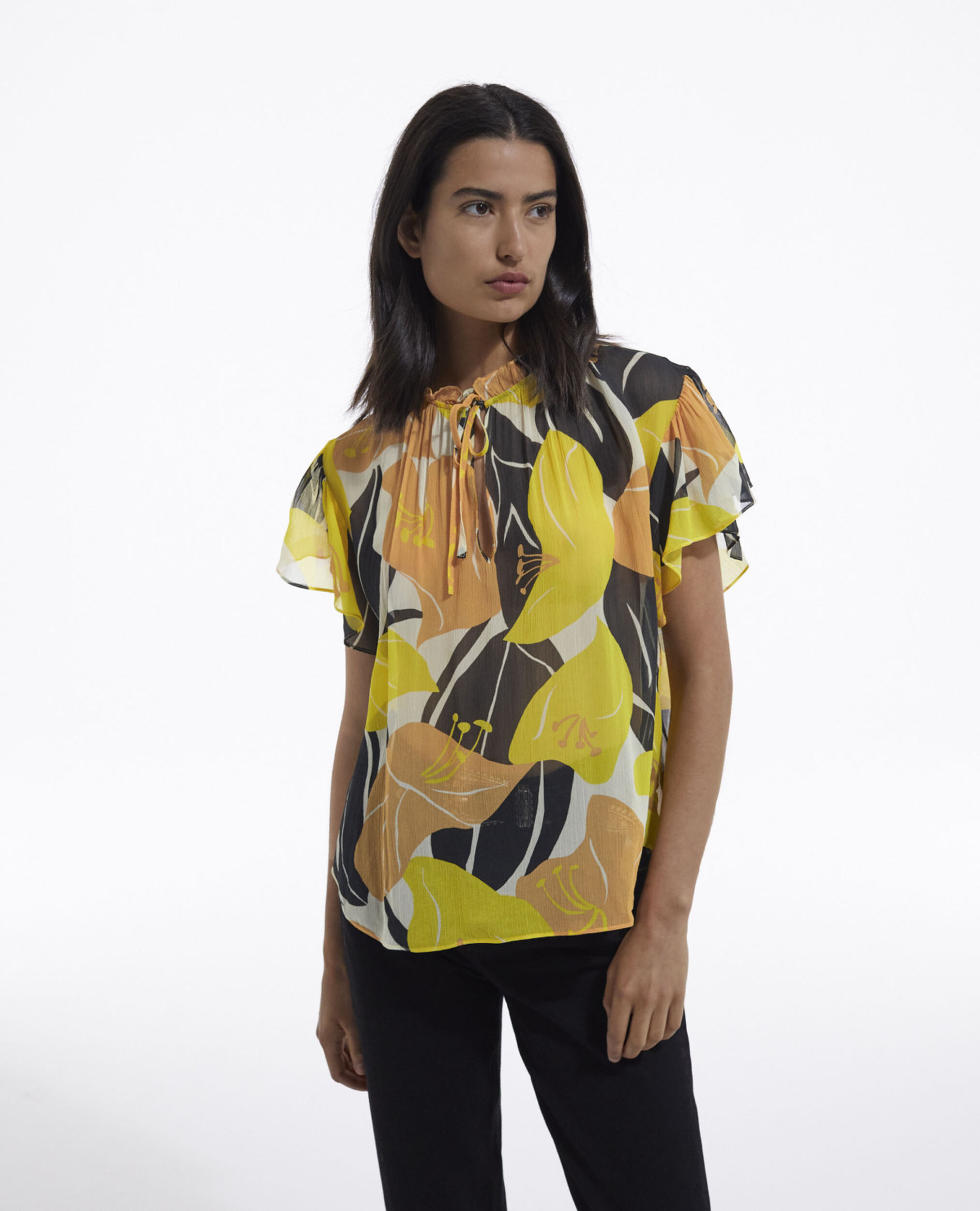 Flowing yellow printed top with frills, YELLOW, hi-res image number null