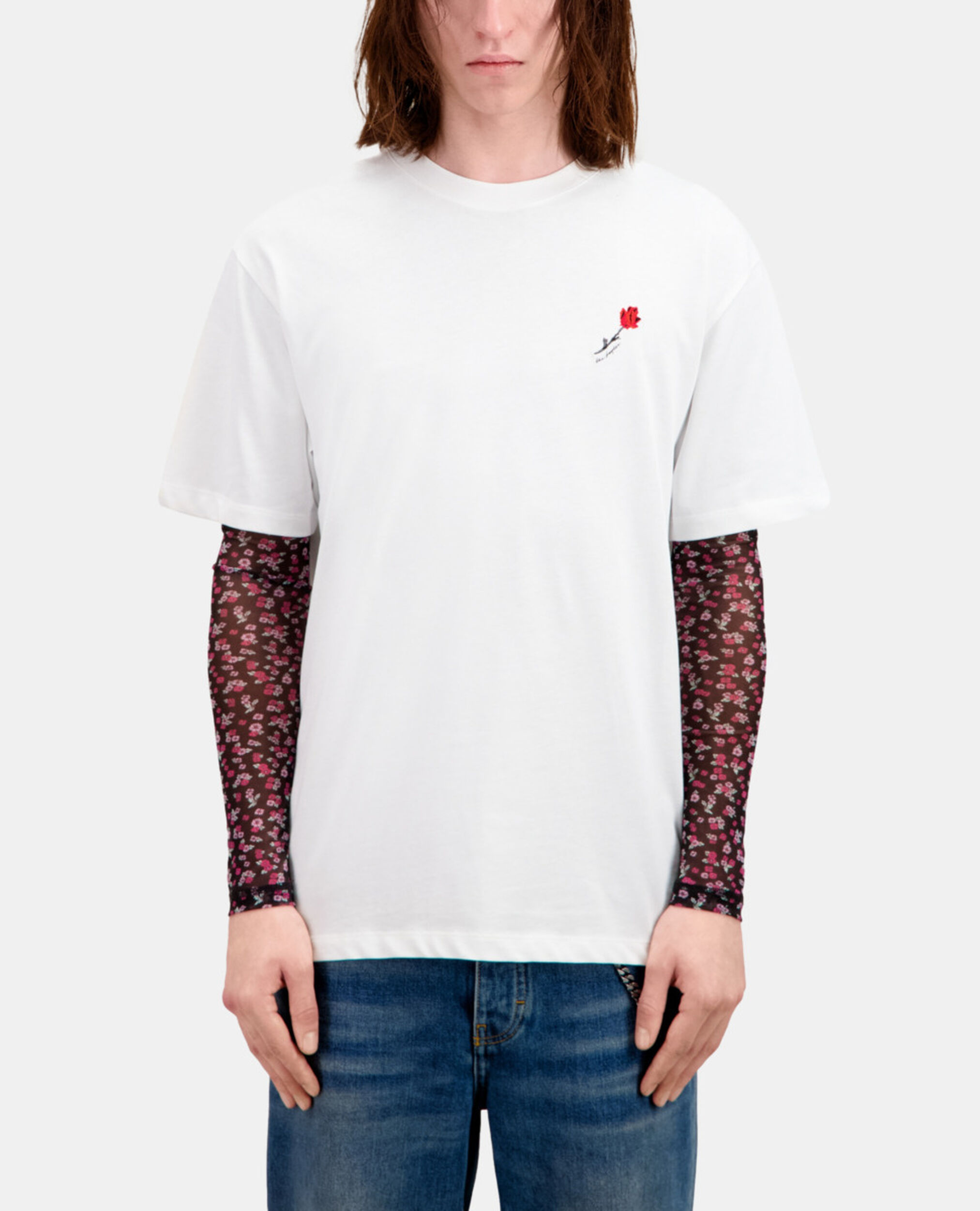 Weißes T-Shirt Herren mit Blumen-Stickerei, WHITE, hi-res image number null