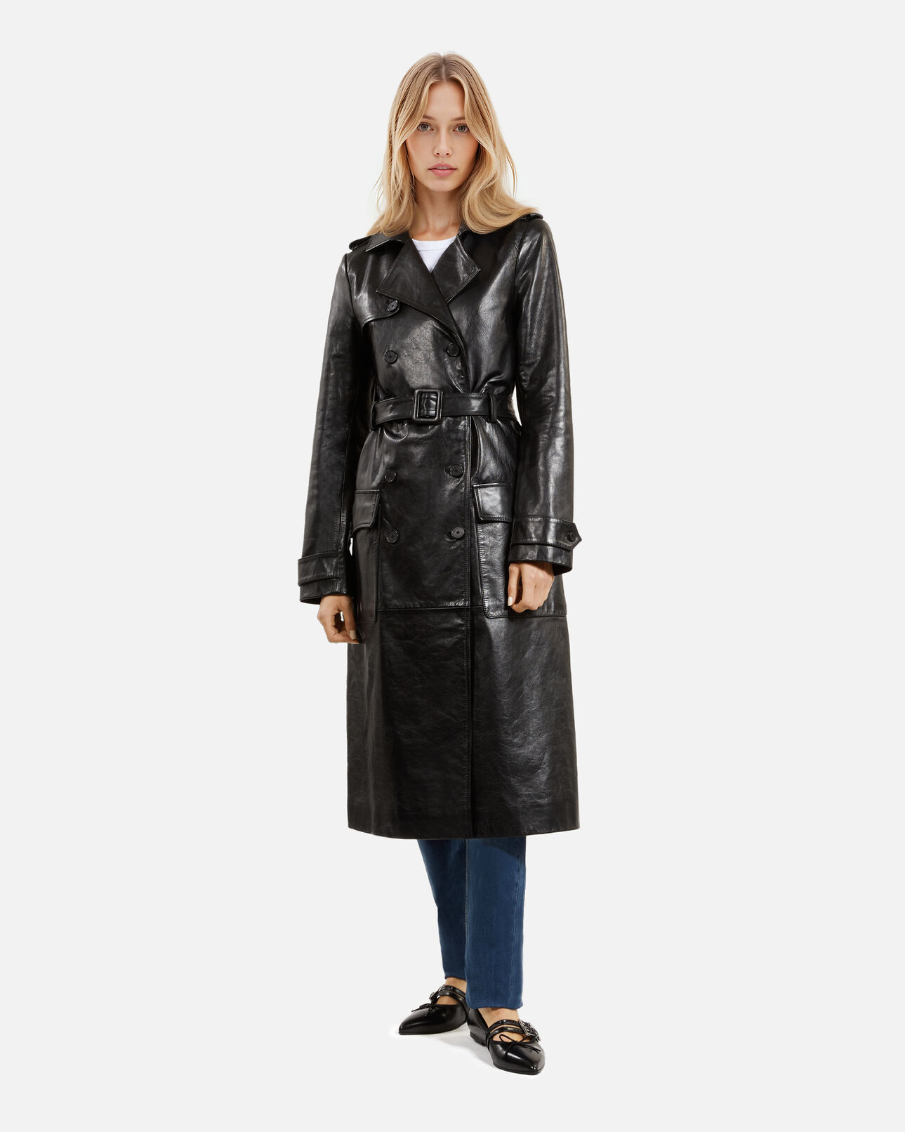 The Kooples FEMME BLACK trench long en cuir noir