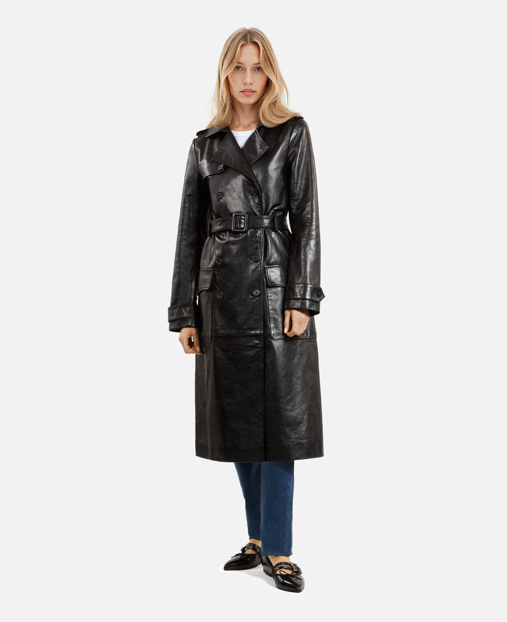The Kooples DAMEN BLACK langer, schwarzer trenchcoat aus leder