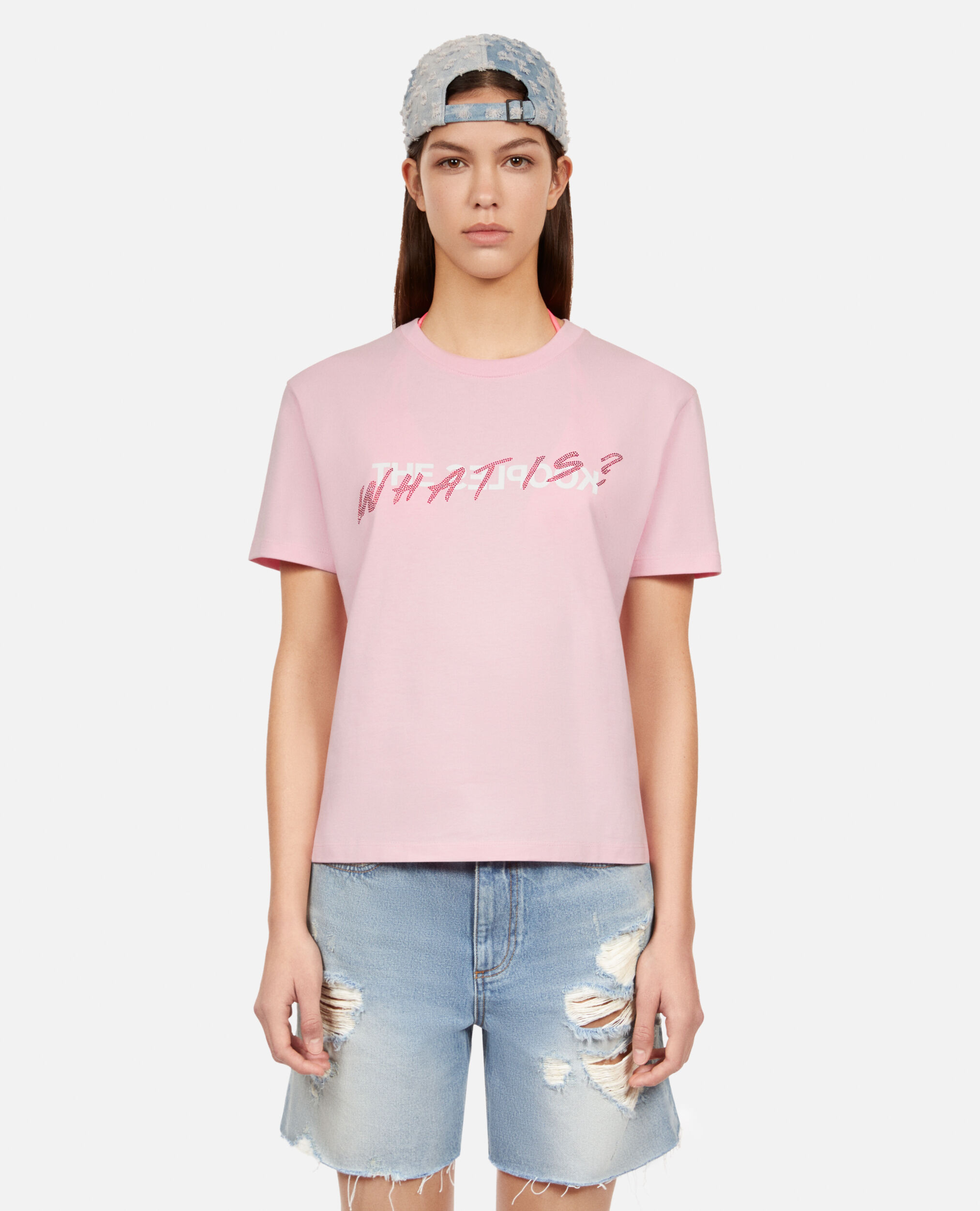 Rosa T-Shirt „What is“ mit Strassbesatz, POWDER PINK, hi-res image number null