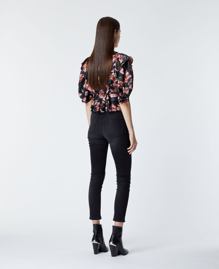 frilly black top with floral print