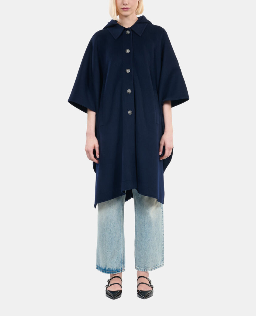 The Kooples DAMEN NAVY langes, marineblaues wollcape mit kapuze