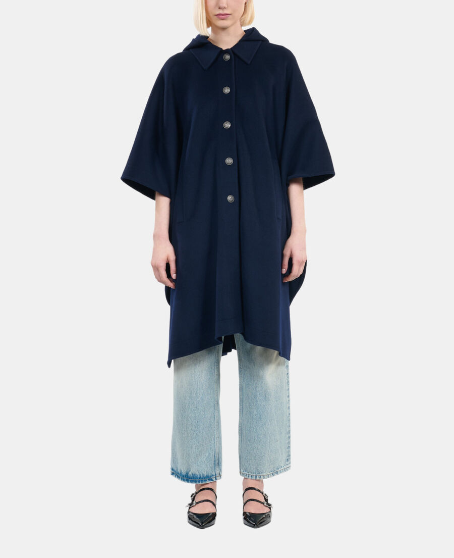 The Kooples F NAVY navy blue long hooded wool-blend cape