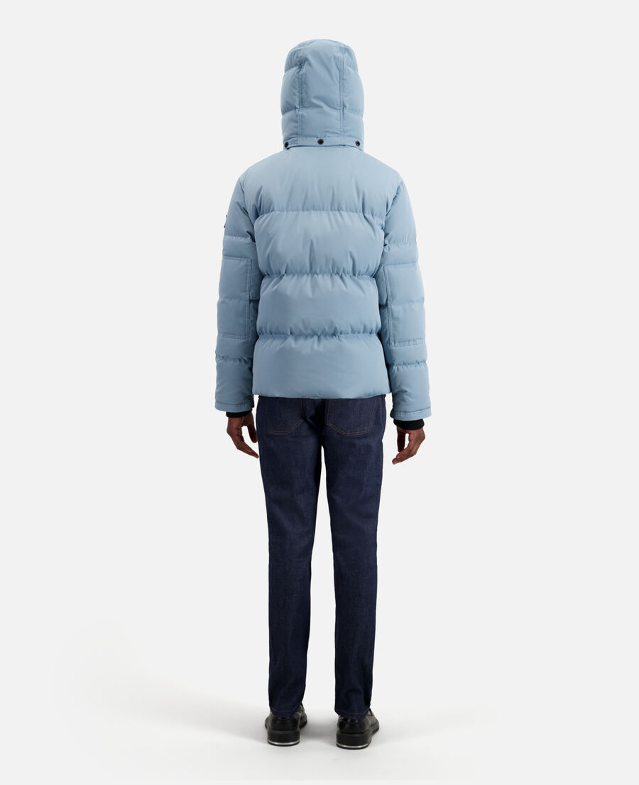 blue hooded puffer jacket