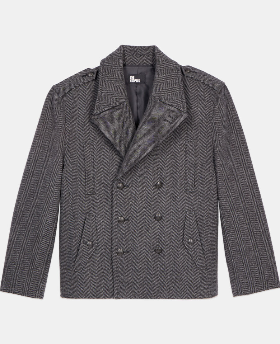 The Kooples MEN BLACK GREY black herringbone wool blend pea coat