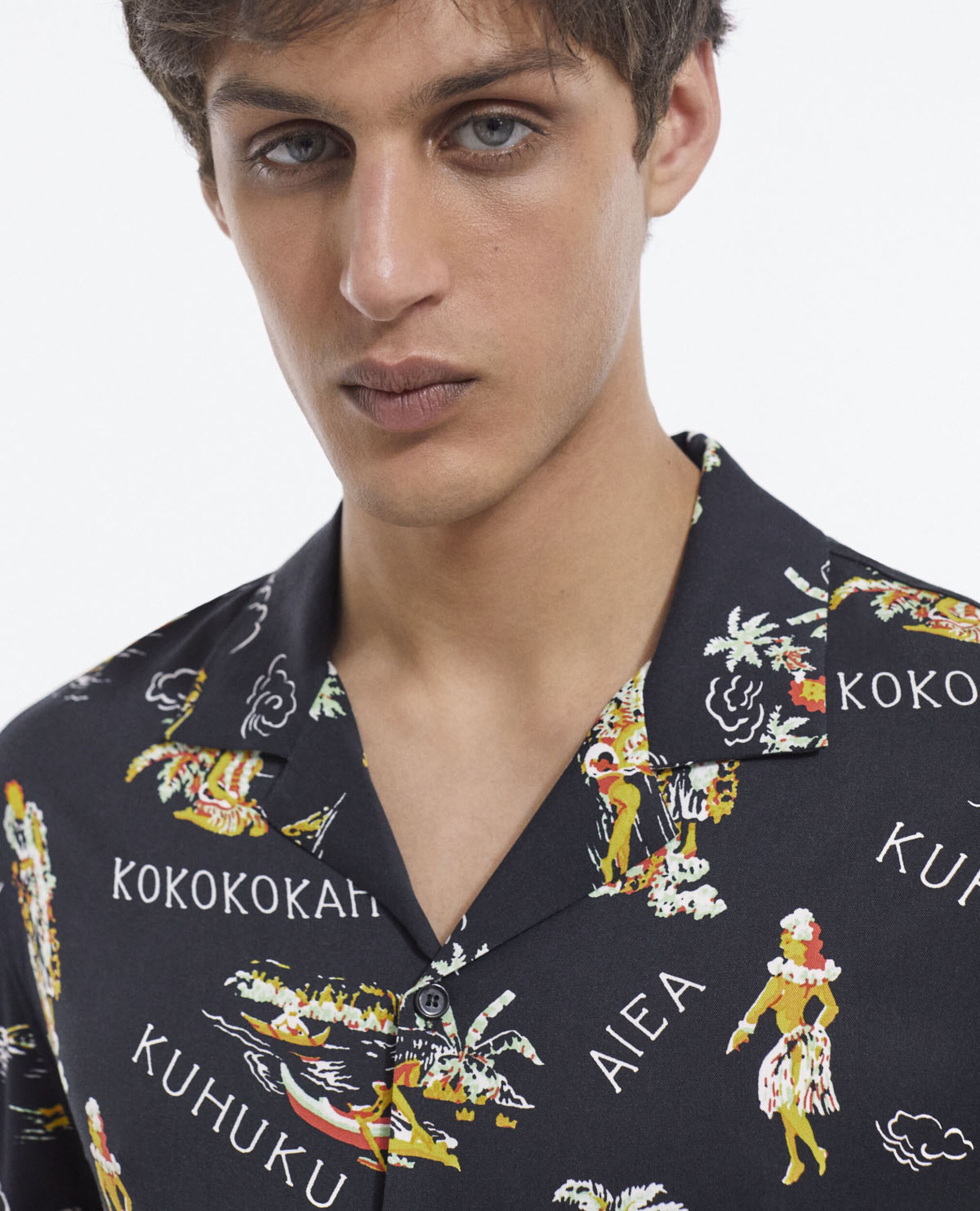 Men’s black shirt with floral print, BLACK / YELLOW, hi-res image number null