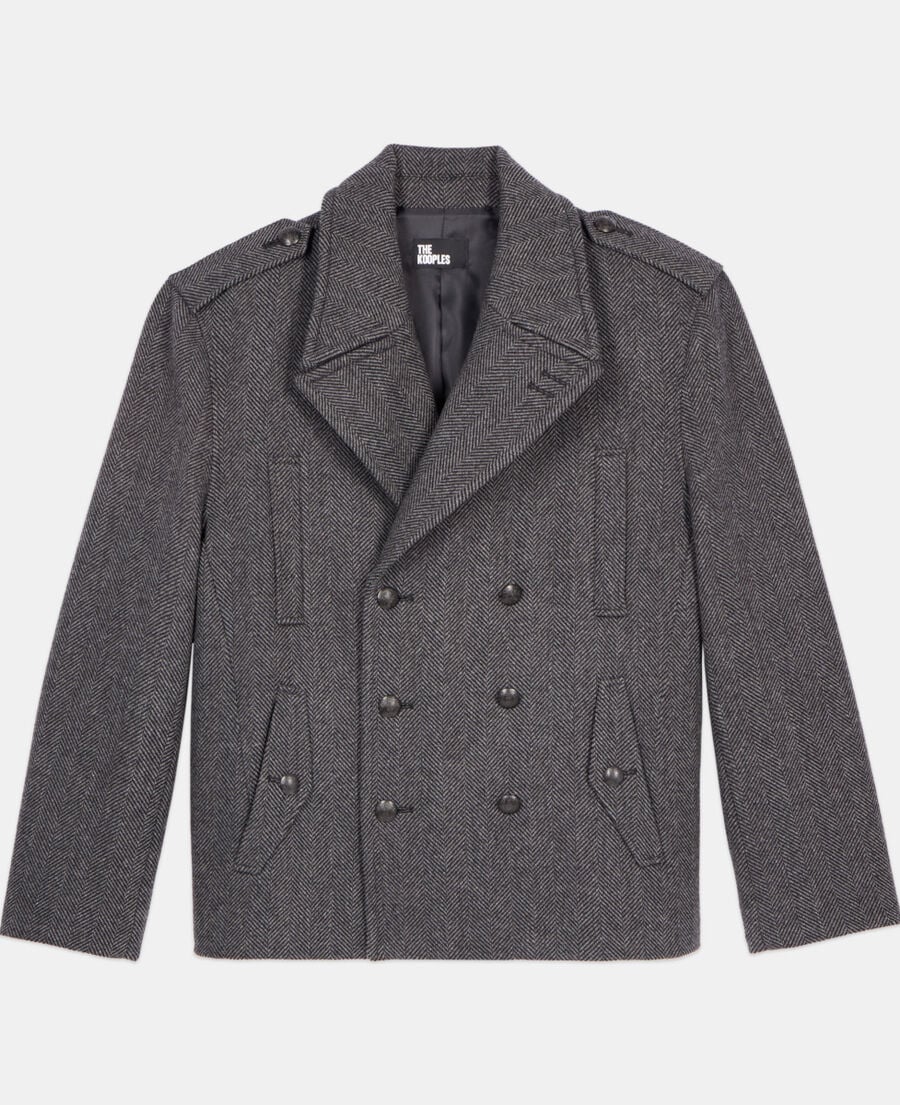 The Kooples H BLACK GREY black herringbone wool blend pea coat