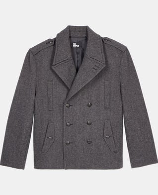 The Kooples H BLACK GREY black herringbone wool blend pea coat