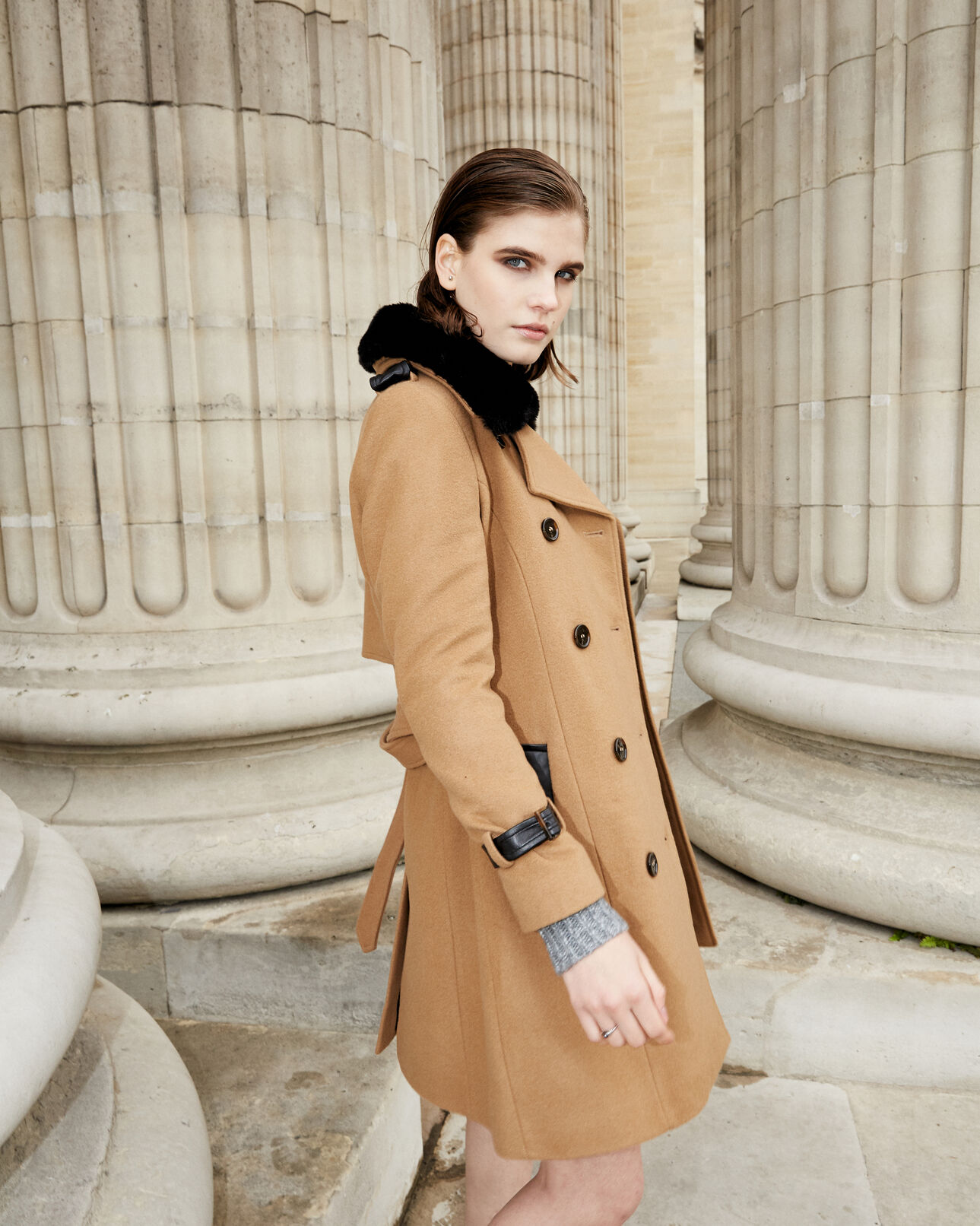 The Kooples FEMME CAMEL manteau long laine camel style trench