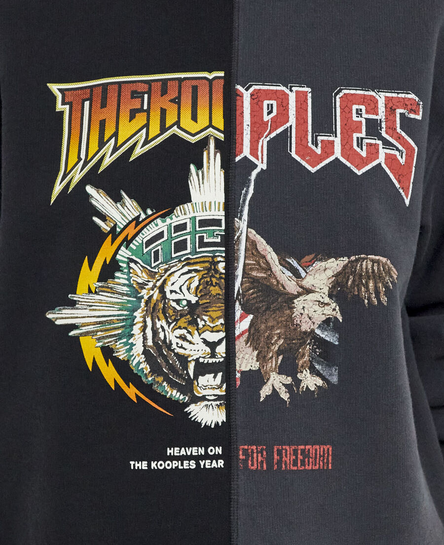 faded black patchwork sweatshirt with tiger logo