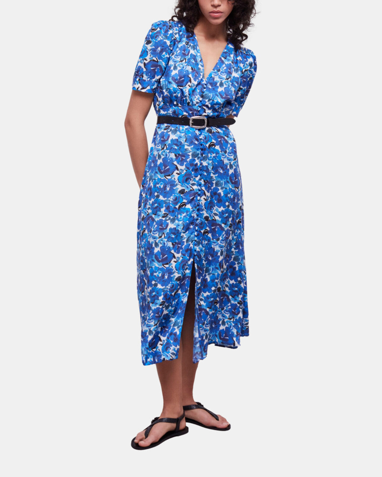 The Kooples DAMEN BLUE WHITE langes kleid mit print und knopfverschluss