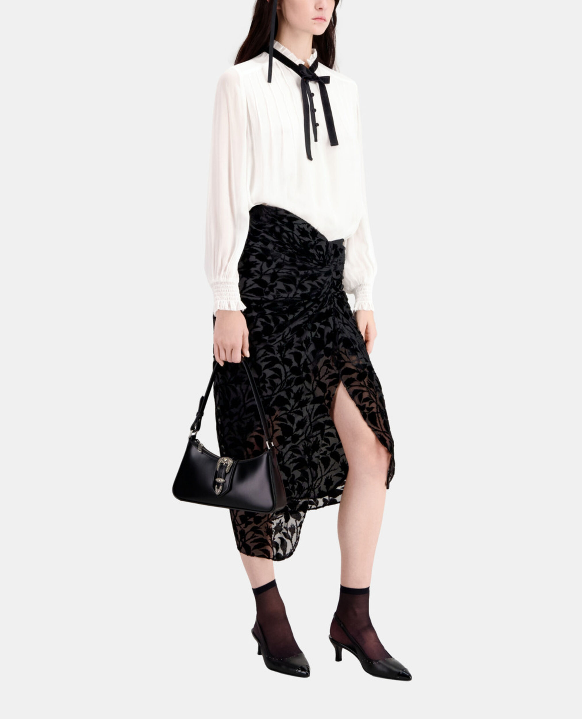 Black devoré velvet midi skirt, BLACK, hi-res image number null
