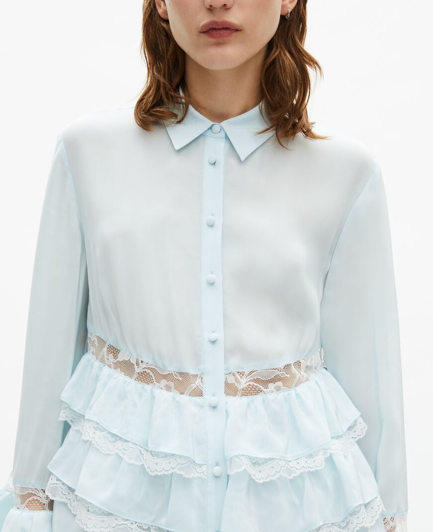 The Kooples DAMEN BABY BLUE hellblaues spitzen- und rüschenhemd