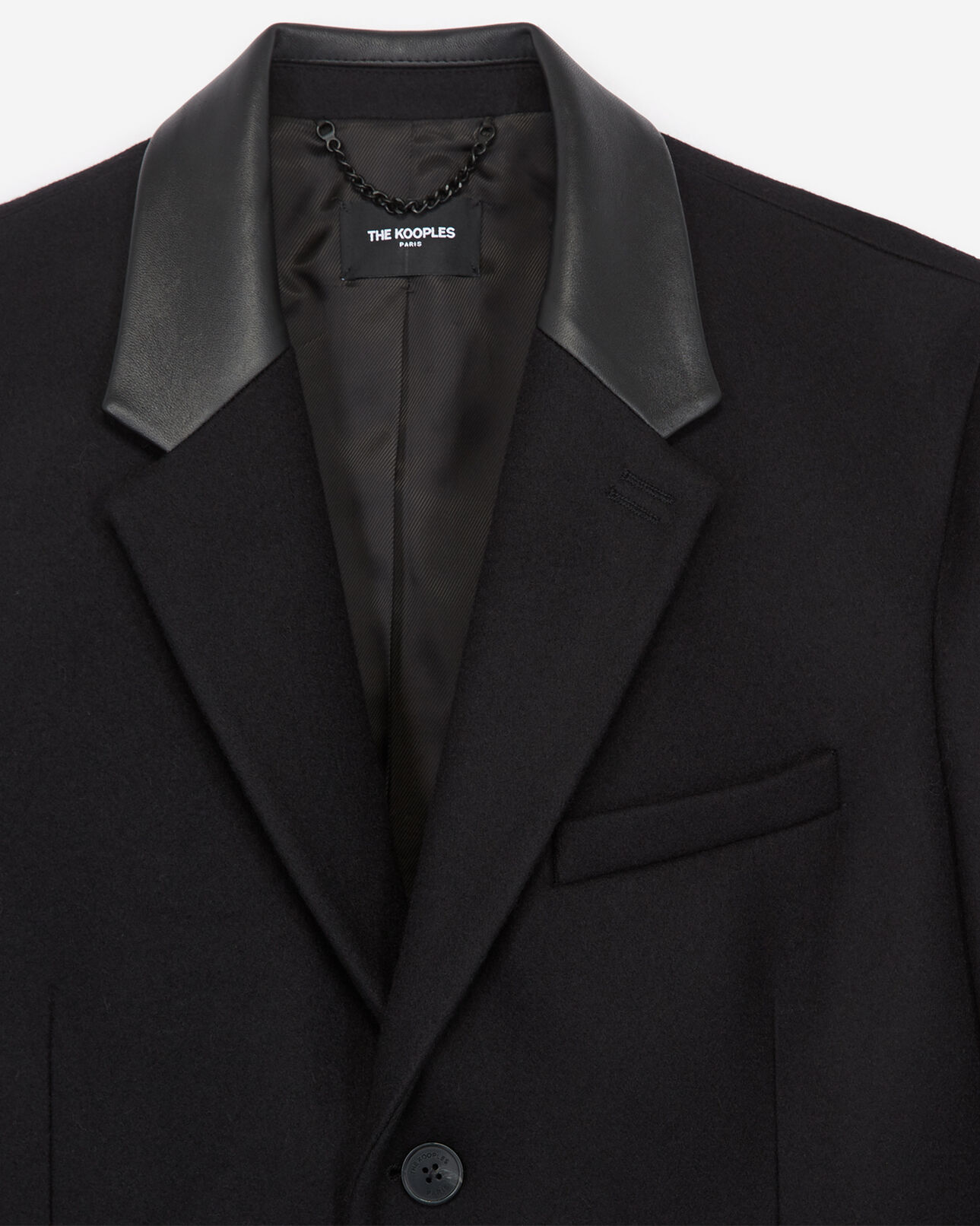 The Kooples HOMME BLACK manteau noir laine long col revers cuir