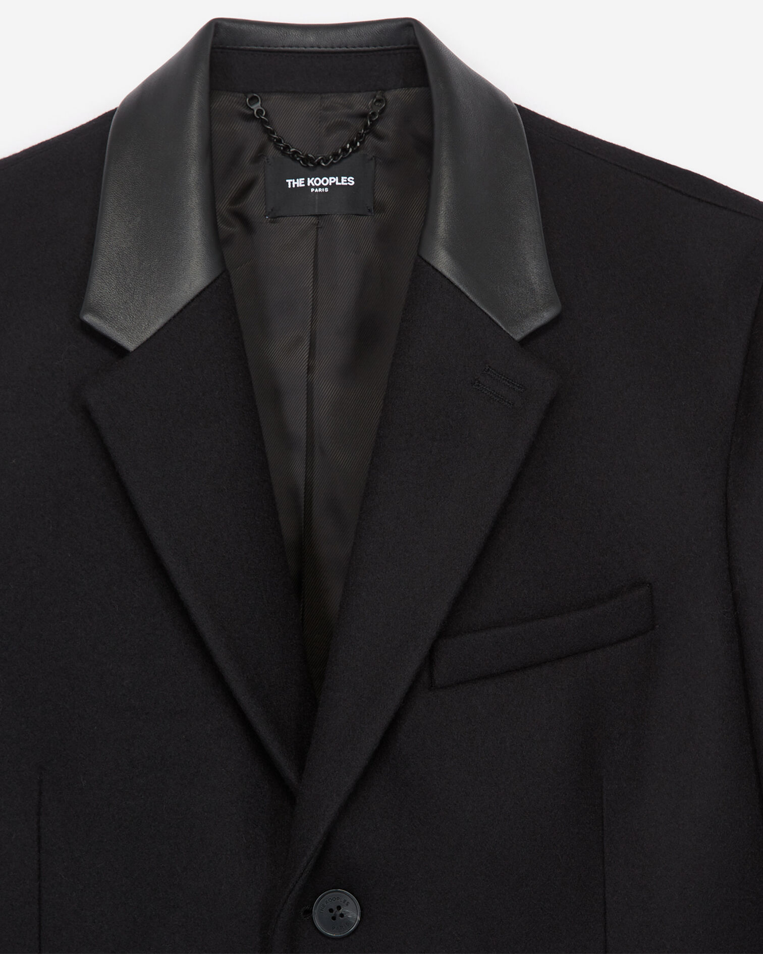 Manteau noir laine long col revers cuir, BLACK, hi-res image number null