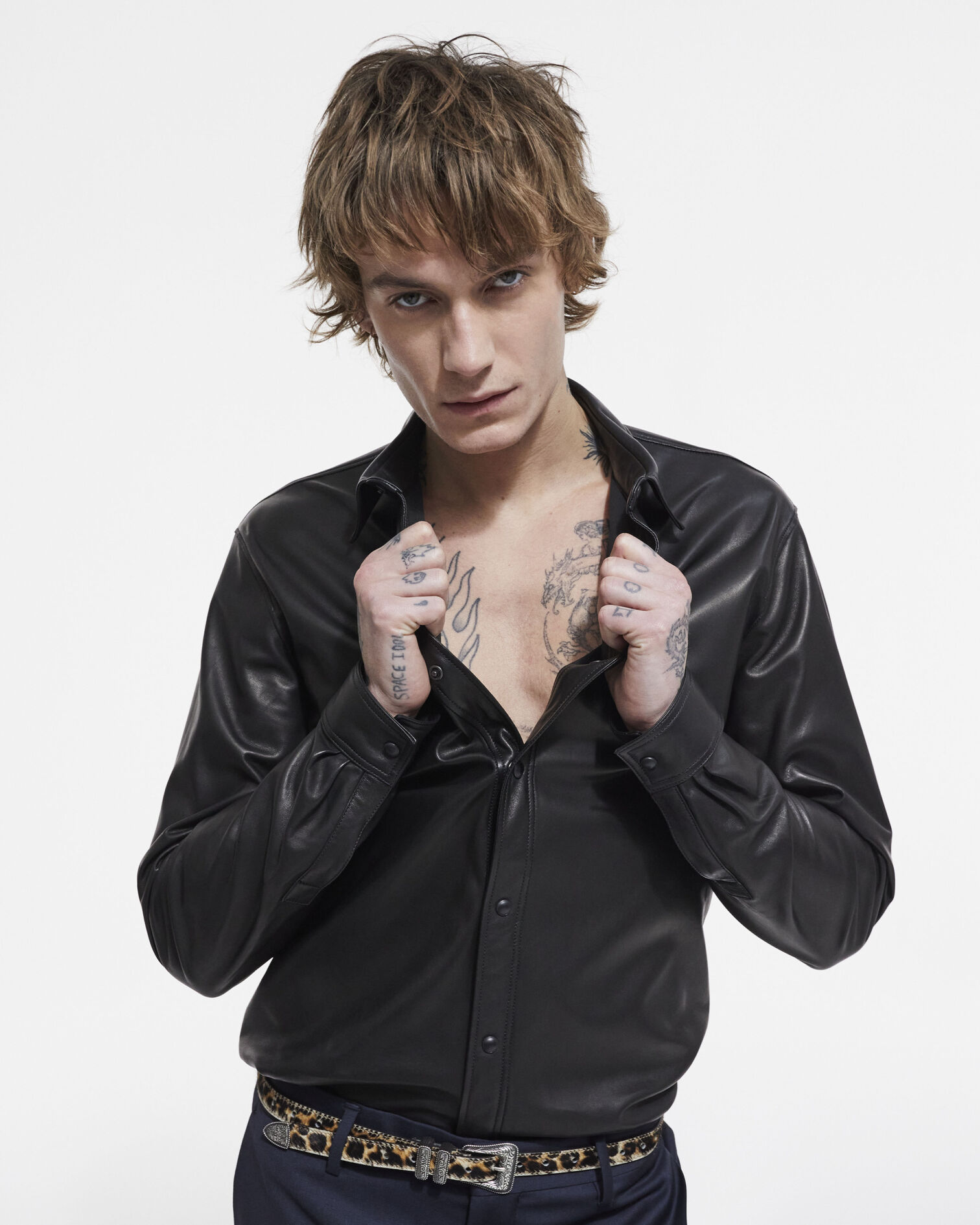 Chemise col classique en cuir noire, BLACK, hi-res image number null
