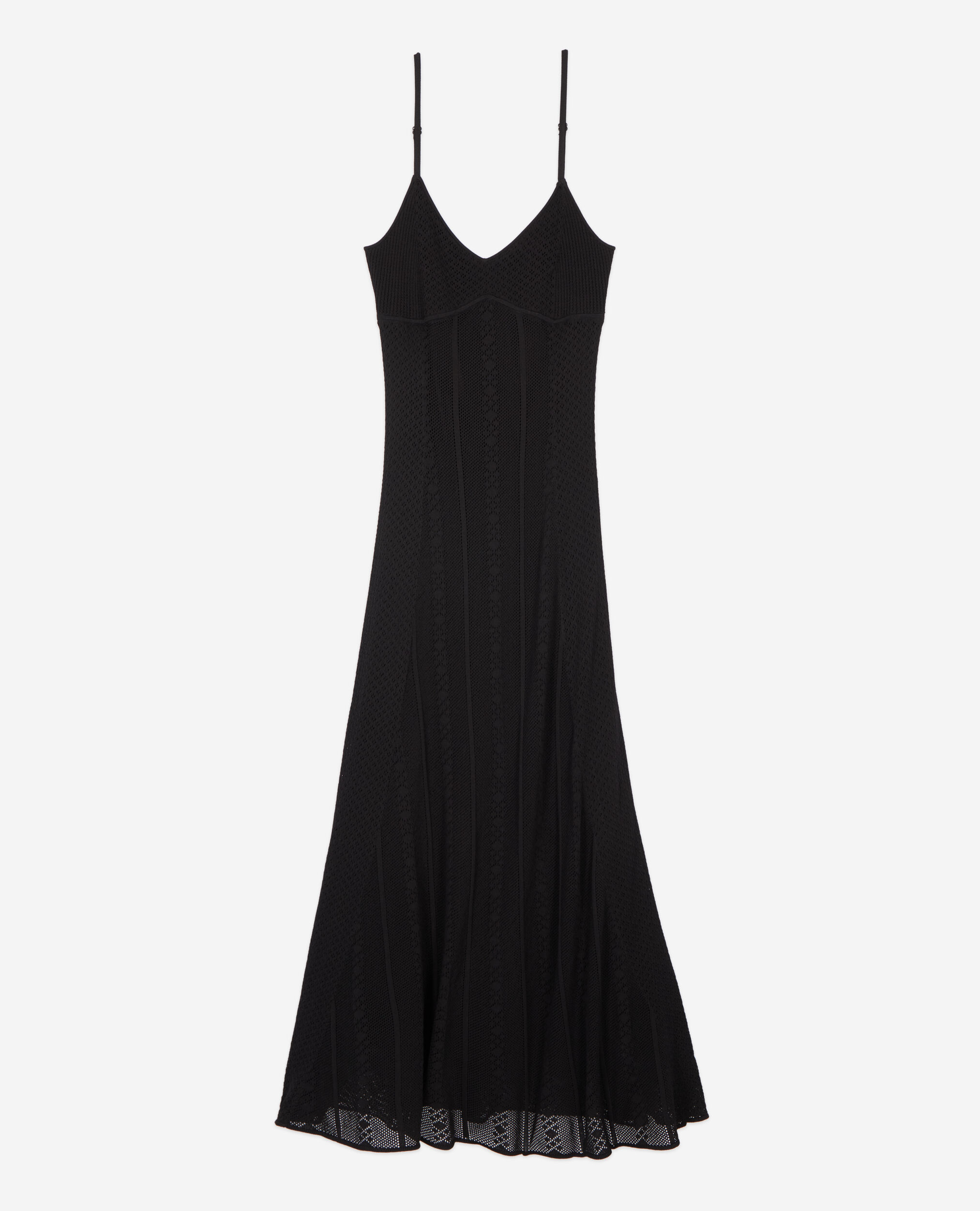 Long black openwork knit dress, BLACK, hi-res image number null