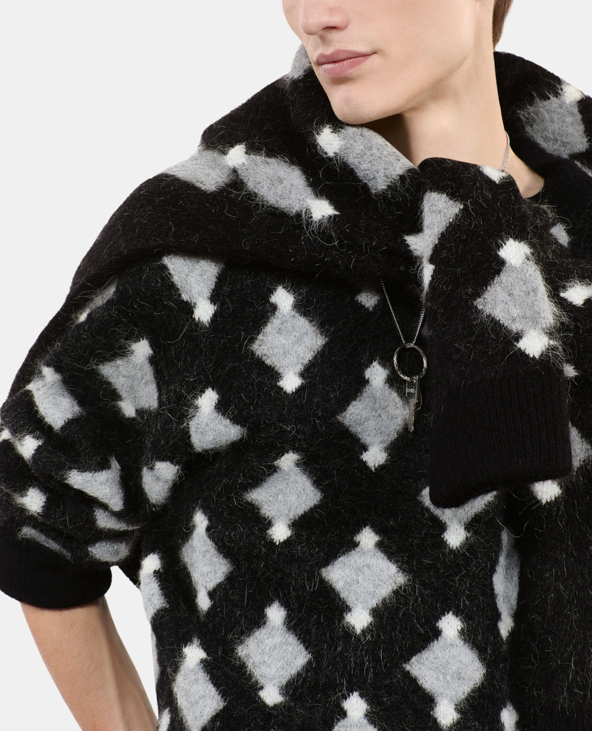 Black and grey wool and alpaca diamond sweater, BLACK GREY WHITE, hi-res image number null