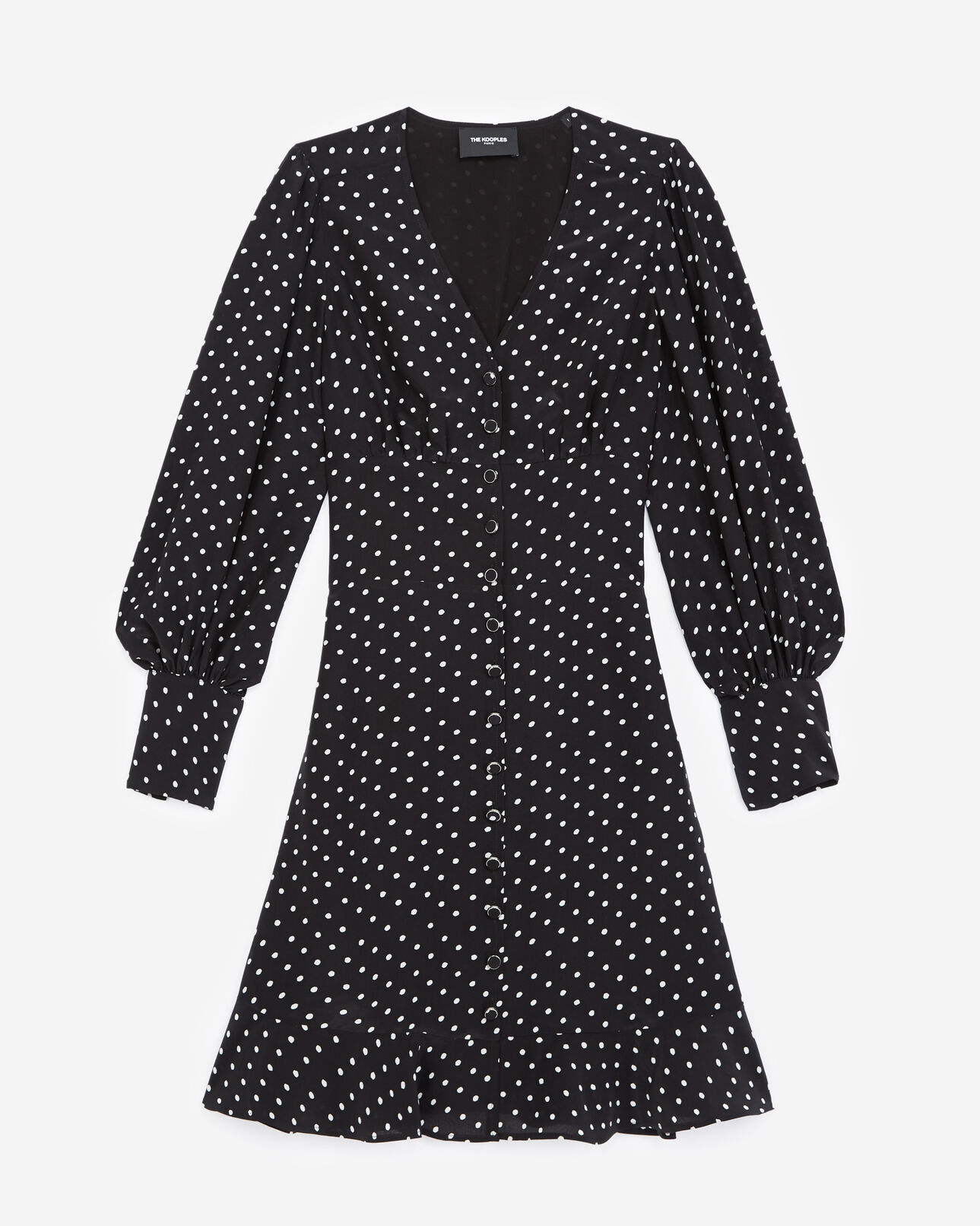 The Kooples FEMME BLACK-ECRU robe courte noire boutonnée à pois