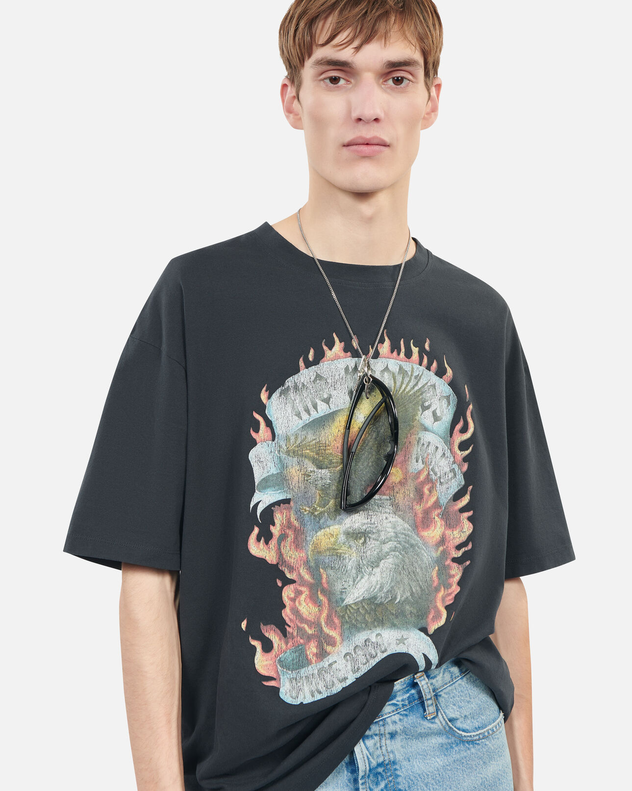 The Kooples MEN BLACK WASHED black eagles on fire black serigraphy t-shirt