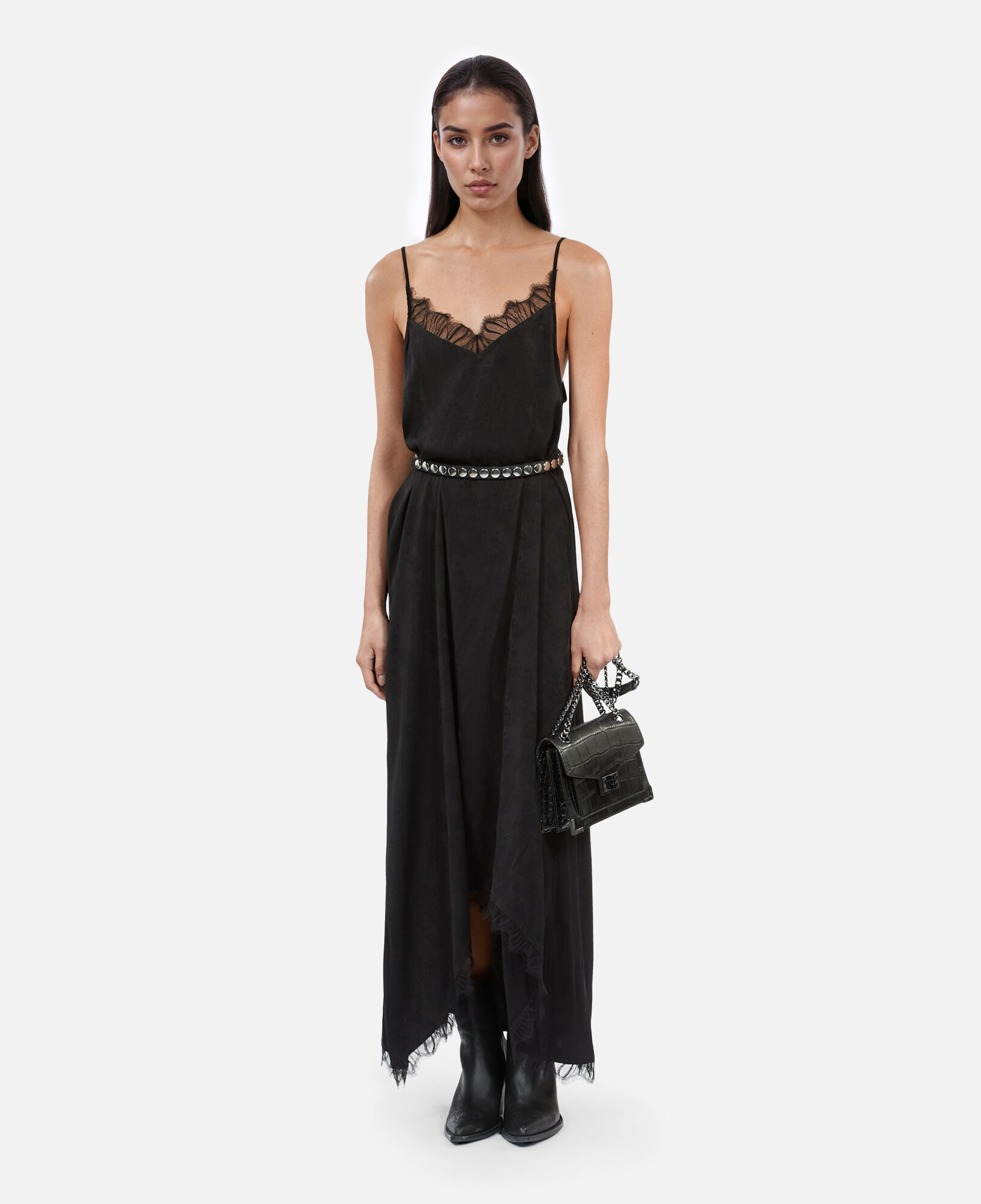 The Kooples WOMEN BLACK long black floral jacquard slip dress