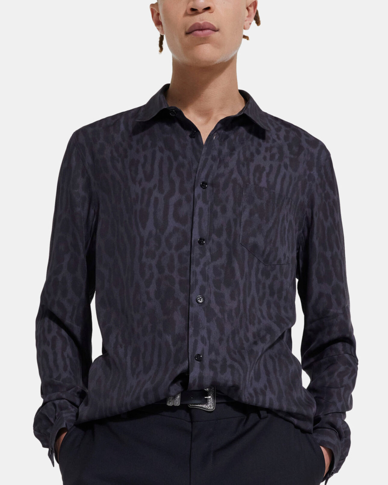 The Kooples MEN GREY BLACK leopard print shirt with classic collar