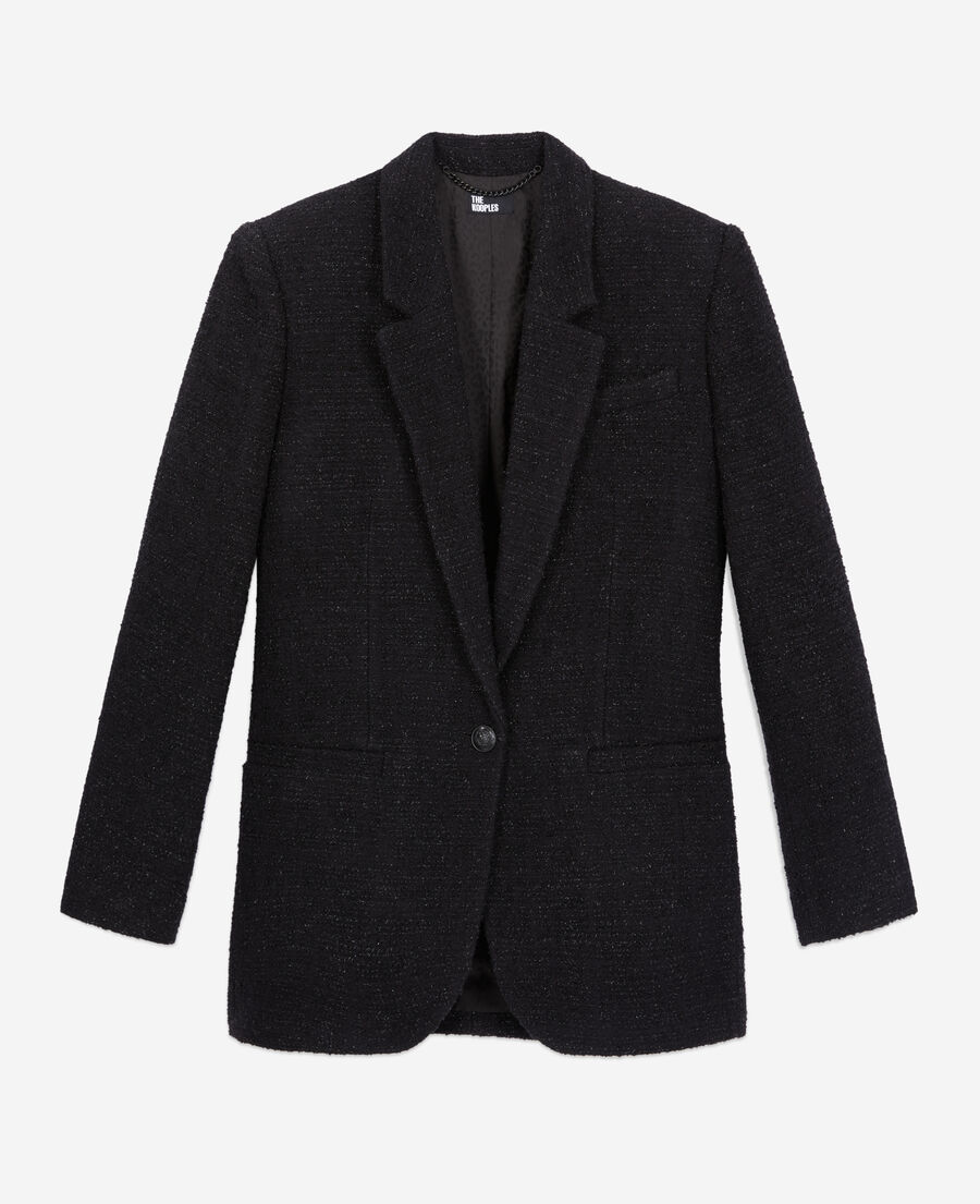 schwarzer blazer aus tweed mit silbernem faden