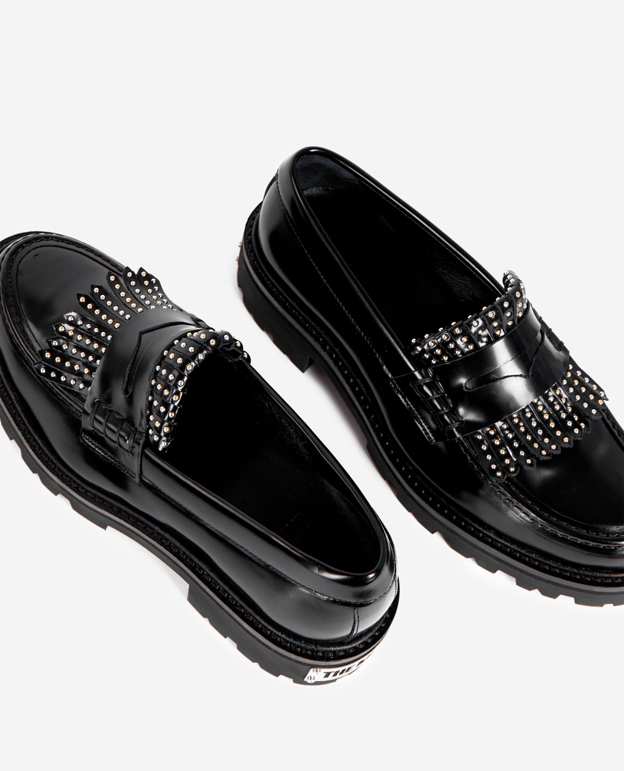 Penny loafers in black leather with fringes and studs, BLACK, hi-res image number null