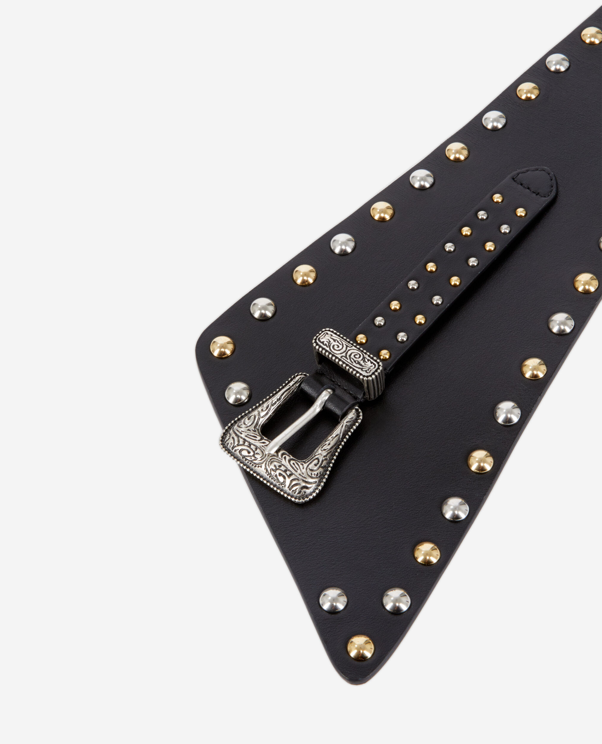 Wide black leather belt with studs and Western buckle, BLACK, hi-res image number null