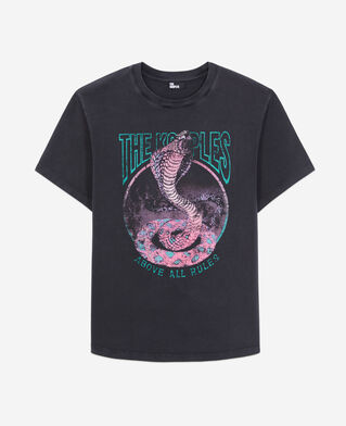 The Kooples WOMEN BLACK / PINK women's black t-shirt with cobra serigraphy