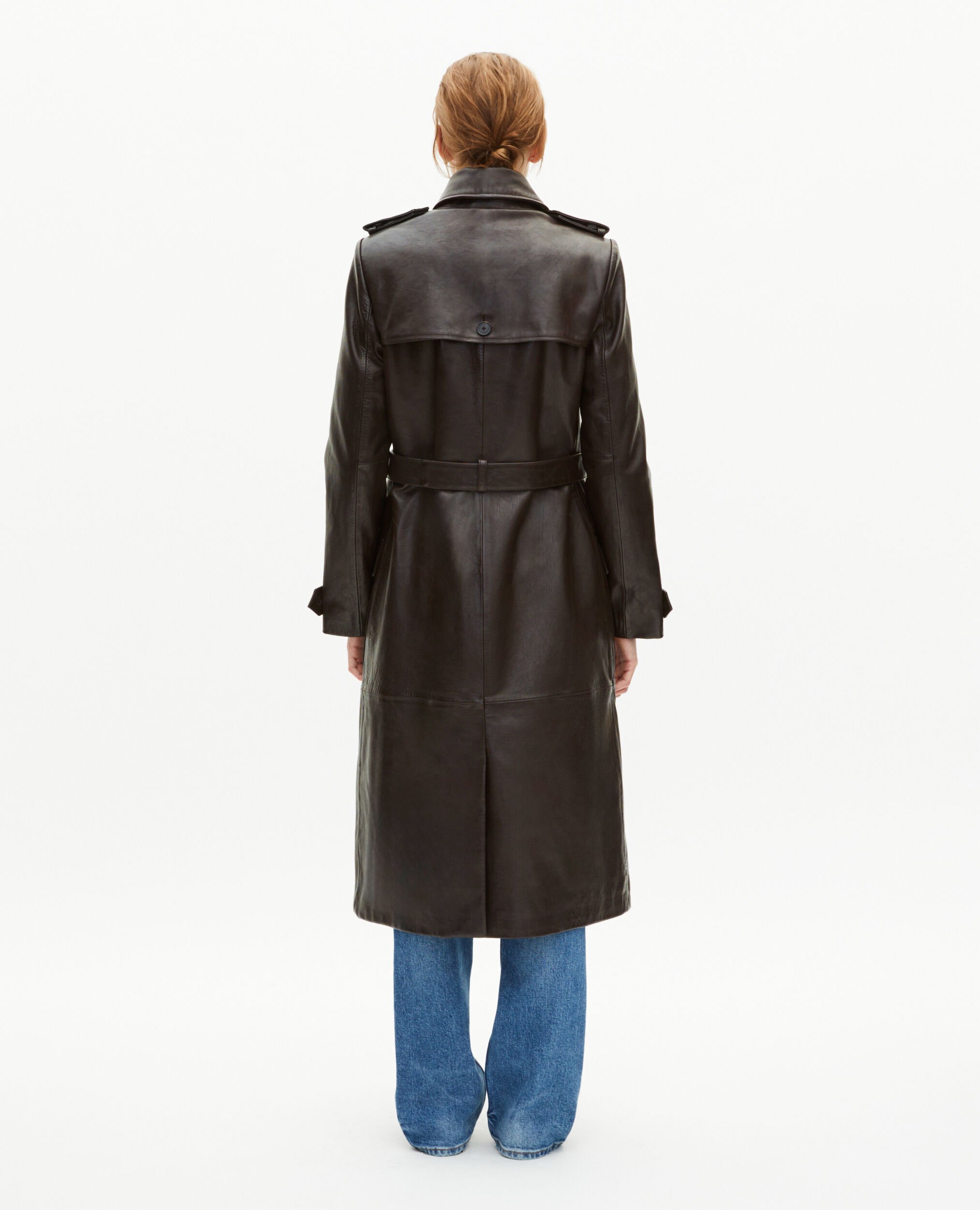 Long brown leather trench coat, DARK BROWN MELANGE, hi-res image number null